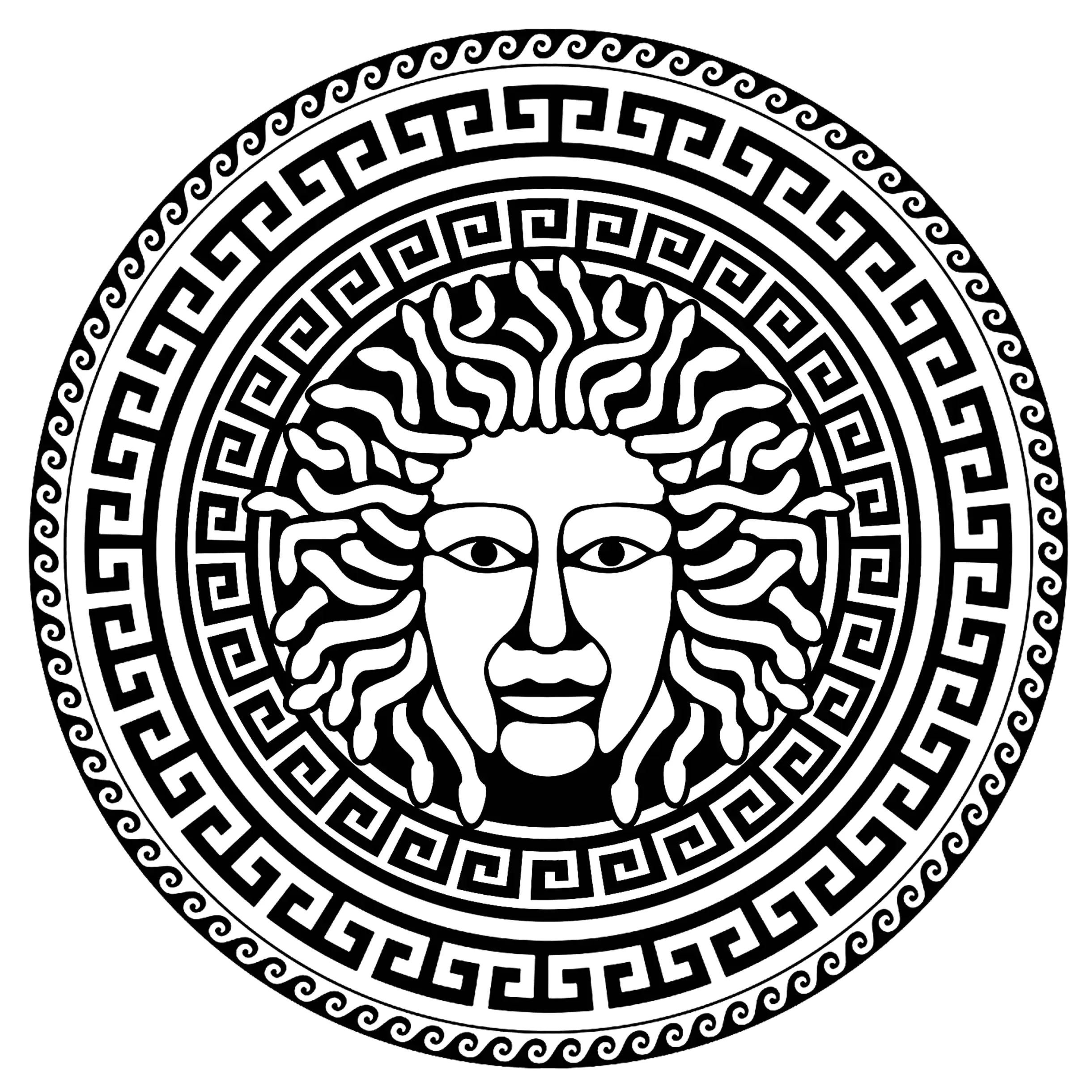 Medusa in der Mitte eines Kreises mit typisch griechischen Motiven (Ausmalbild von Altes Griechenland zum Ausdrucken und Ausmalen für Erwachsene)