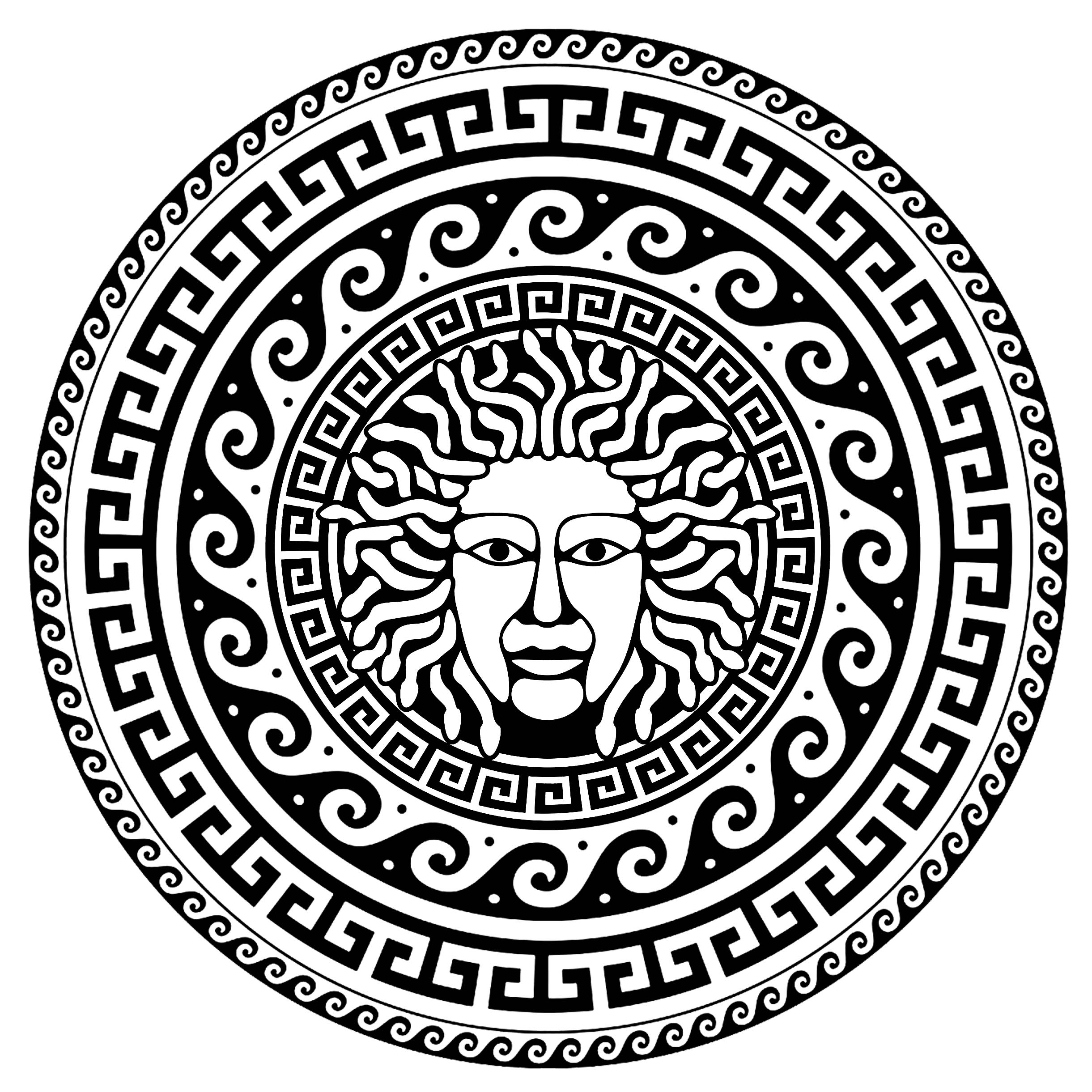 Medusa in der Mitte eines Kreises mit typisch griechischen Motiven - 1. Bevor sie von Athene in eine Gorgone verwandelt wurde, war Medusa eine Priesterin von unvergleichlicher Schönheit.Sie wird oft als eine Frau mit Schlangen im Haar dargestellt, ein Symbol für Gefahr und Verführung, Künstler : Art'Isabelle