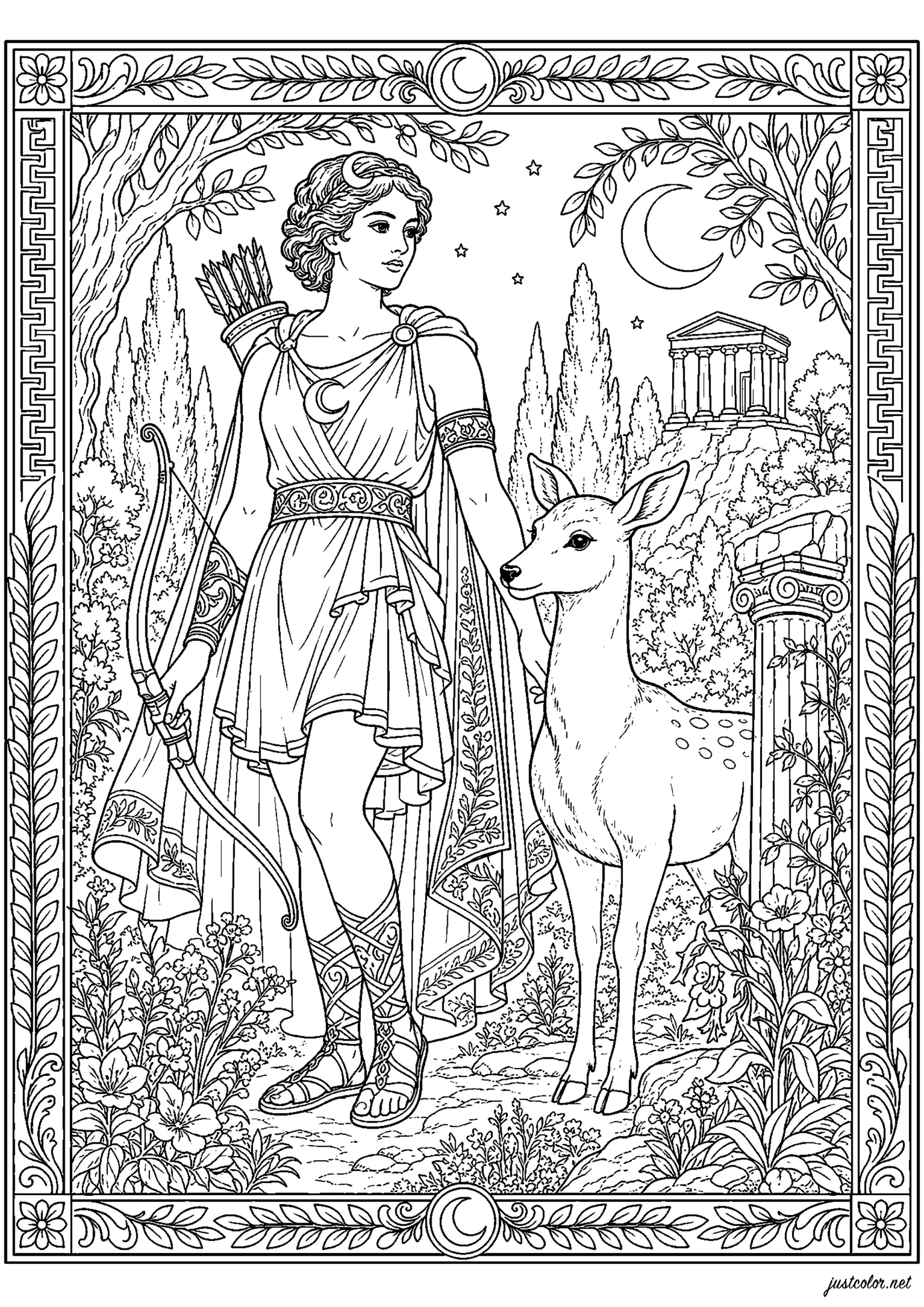 Artemis, griechische Göttin der Jagd (Ausmalbild von Altes Griechenland zum Ausdrucken und Ausmalen für Erwachsene)
