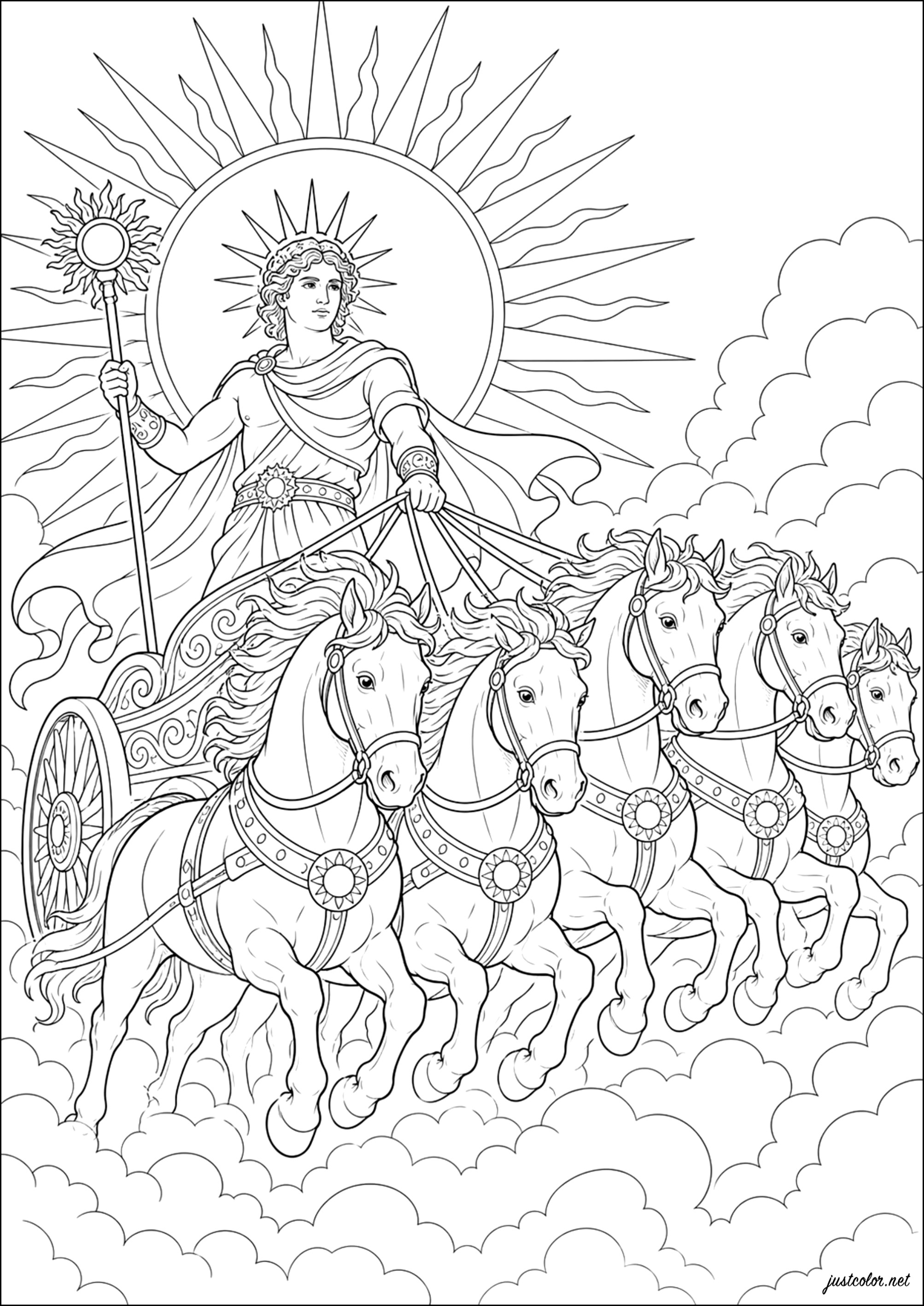 Helios lenkt den Sonnenwagen. (Ausmalbild von Altes Griechenland zum Ausdrucken und Ausmalen für Erwachsene)