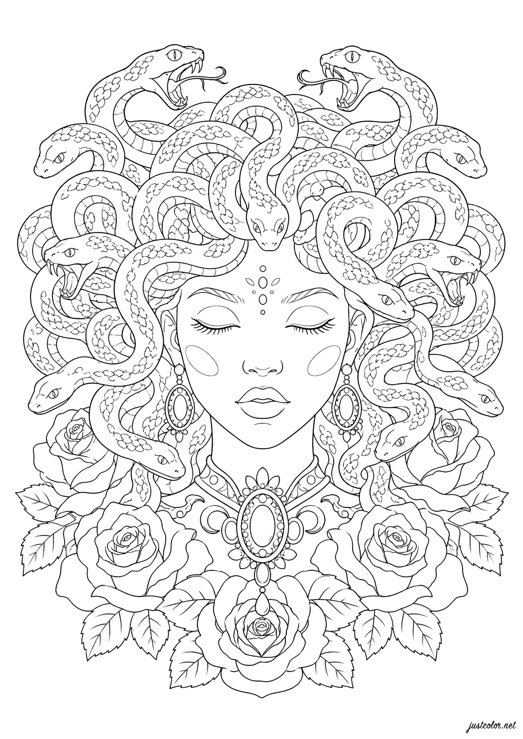 Medusa mit Rosen (Ausmalbild von Altes Griechenland zum Ausdrucken und Ausmalen für Erwachsene)