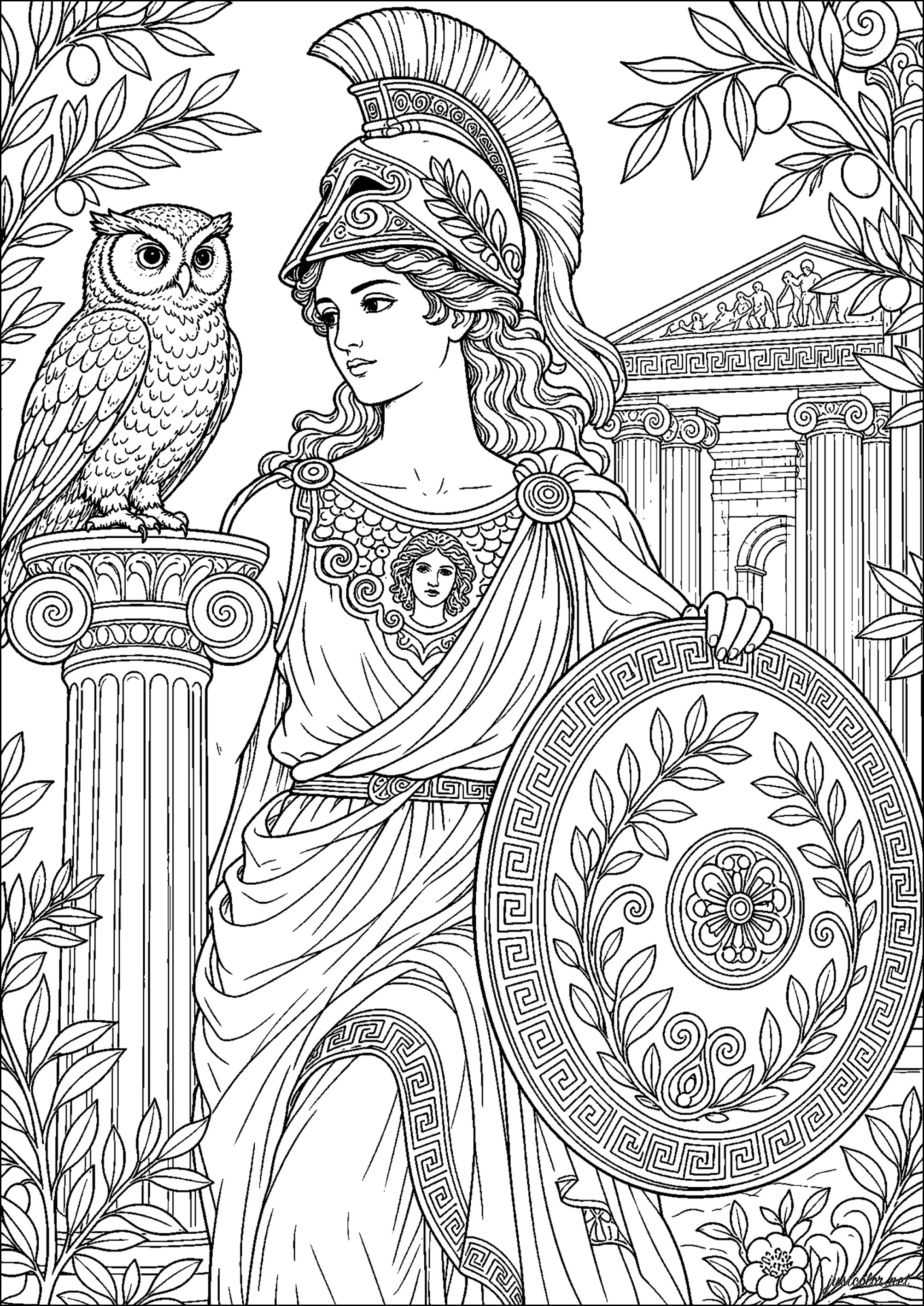 Die Göttin Athene und die Eule (Ausmalbild von Altes Griechenland zum Ausdrucken und Ausmalen für Erwachsene)