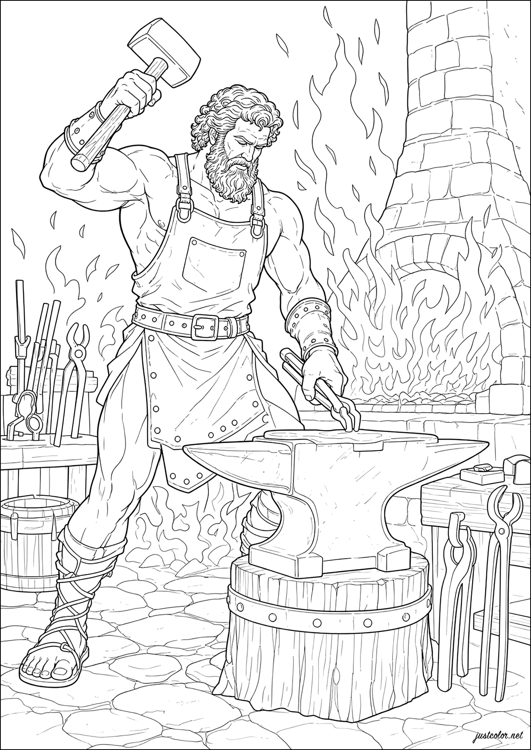 Hephaestus arbeitet in seiner Schmiede (Ausmalbild von Altes Griechenland zum Ausdrucken und Ausmalen für Erwachsene)