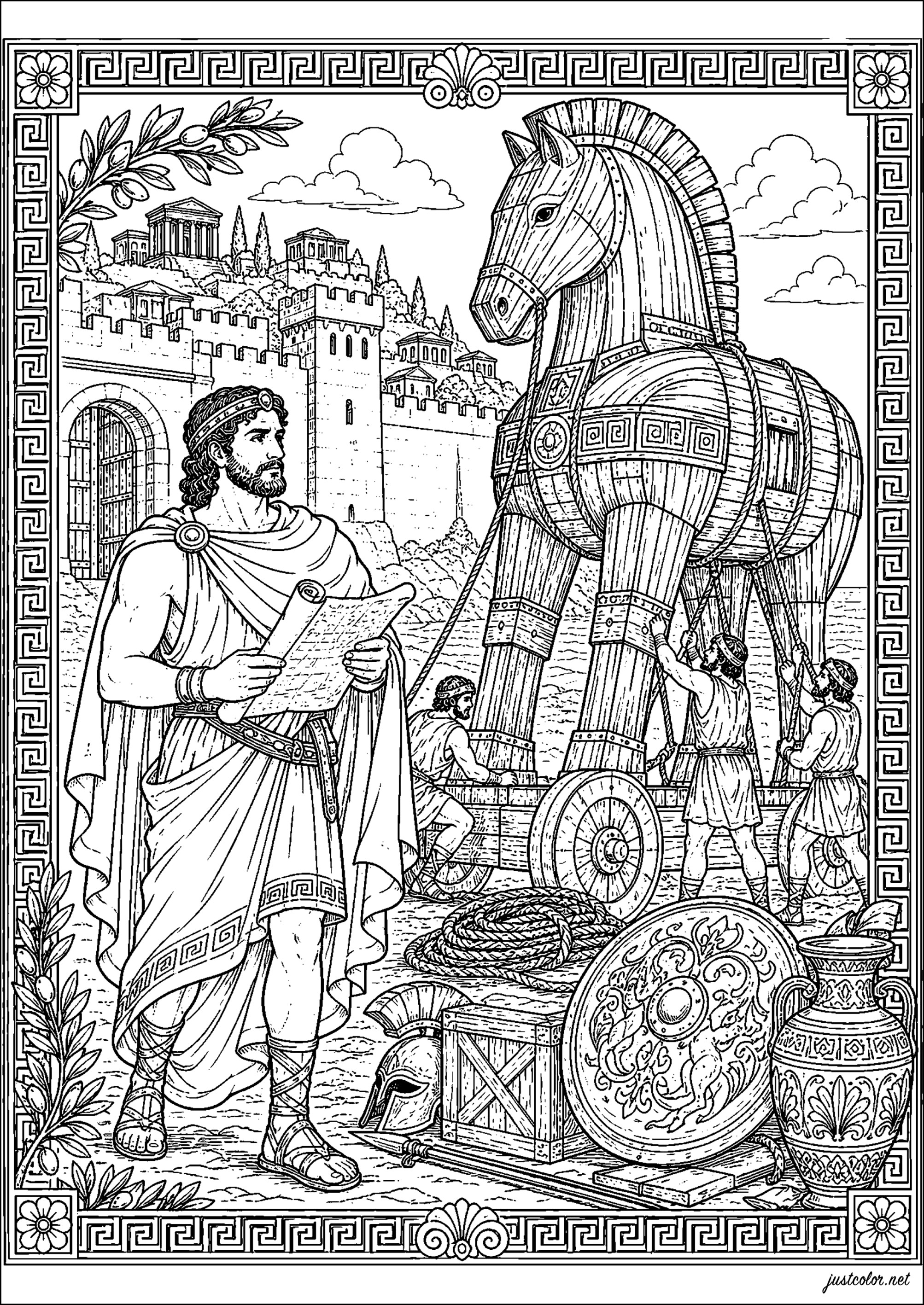 Das von den Griechen gebaute Trojanische Pferd (Ausmalbild von Altes Griechenland zum Ausdrucken und Ausmalen für Erwachsene)