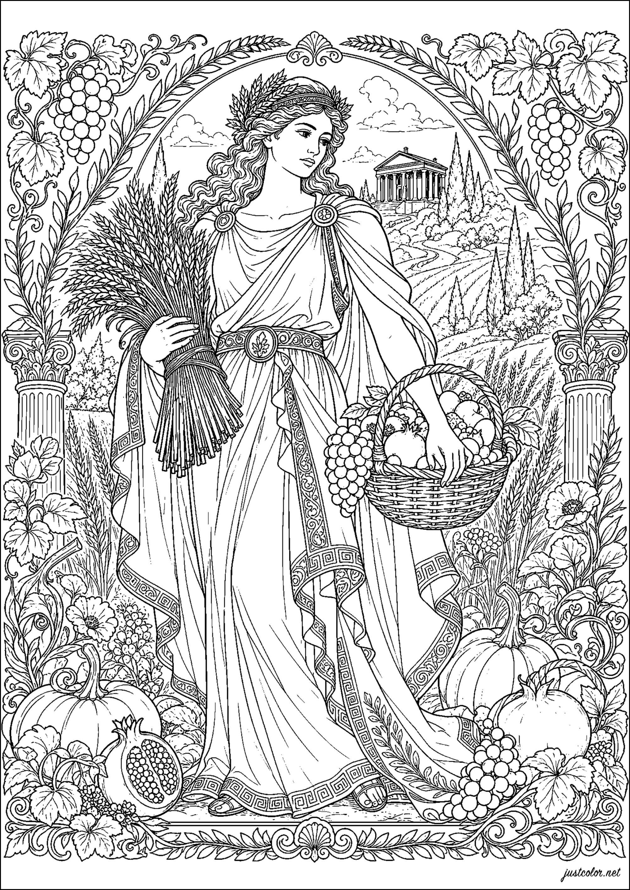Demeter, griechische Göttin der Ernte (Ausmalbild von Altes Griechenland zum Ausdrucken und Ausmalen für Erwachsene)