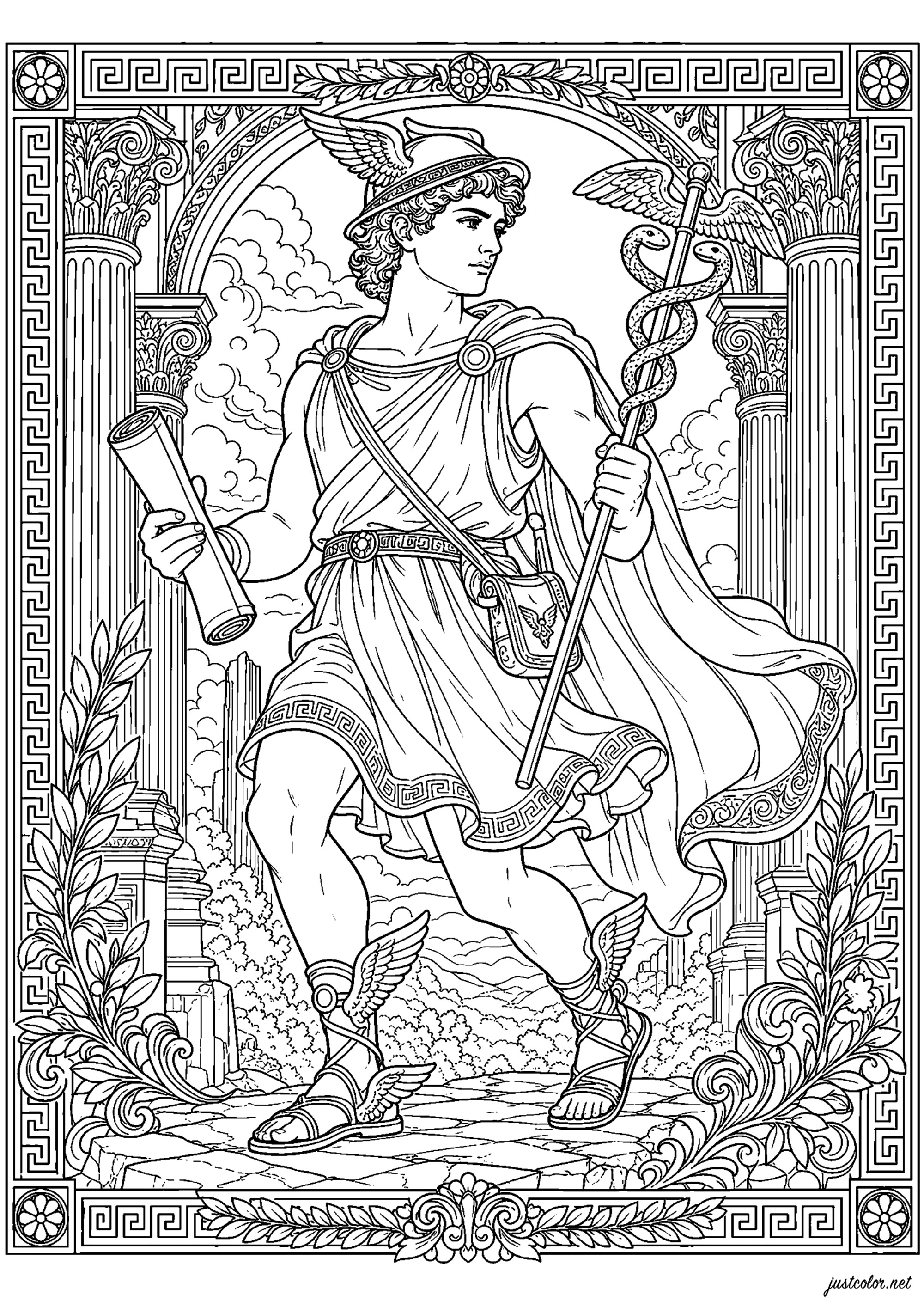 Hermes, der Bote der griechischen Götter (Ausmalbild von Altes Griechenland zum Ausdrucken und Ausmalen für Erwachsene)