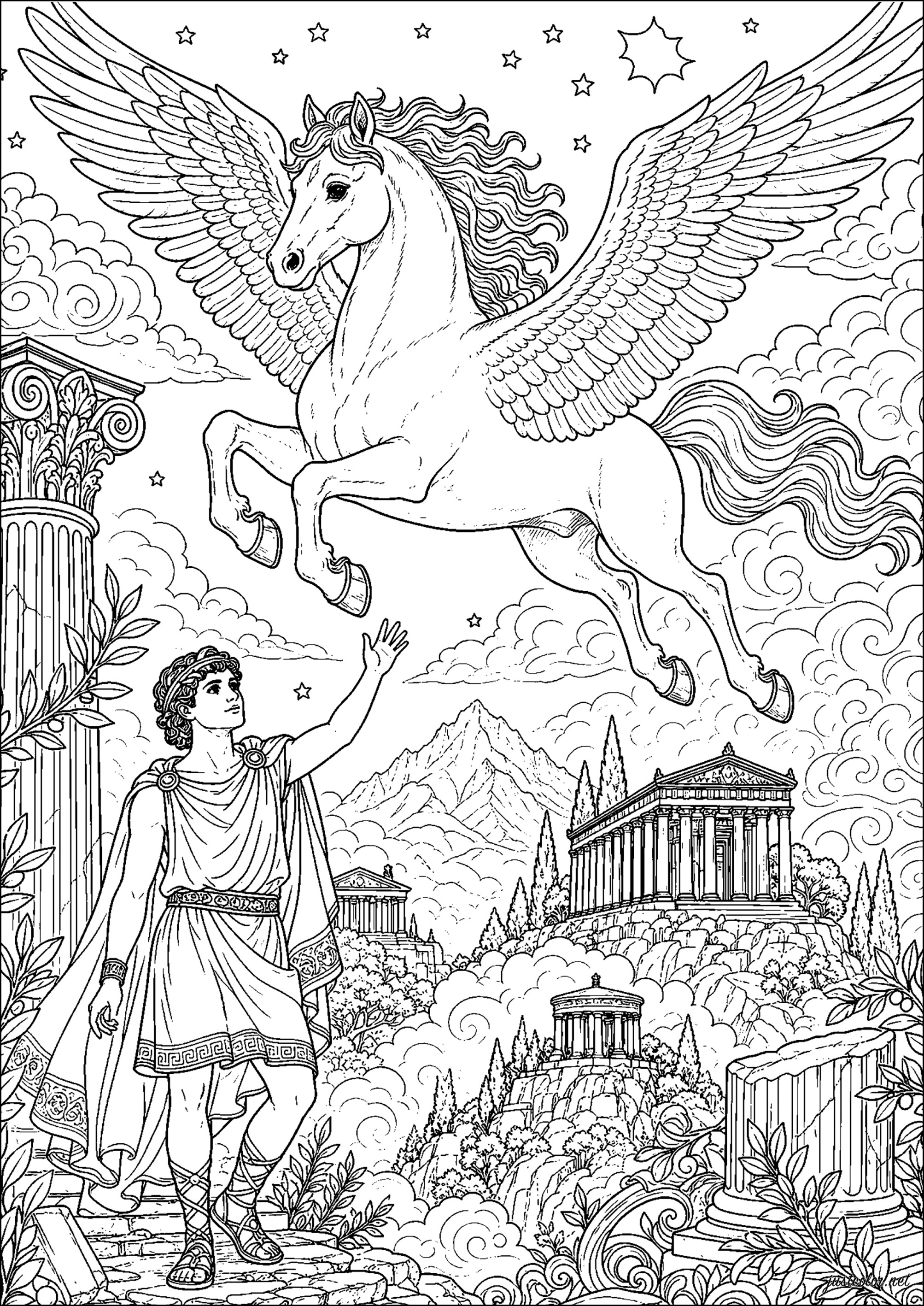 Pegasus, das geflügelte Pferd der griechischen Mythologie (Ausmalbild von Altes Griechenland zum Ausdrucken und Ausmalen für Erwachsene)