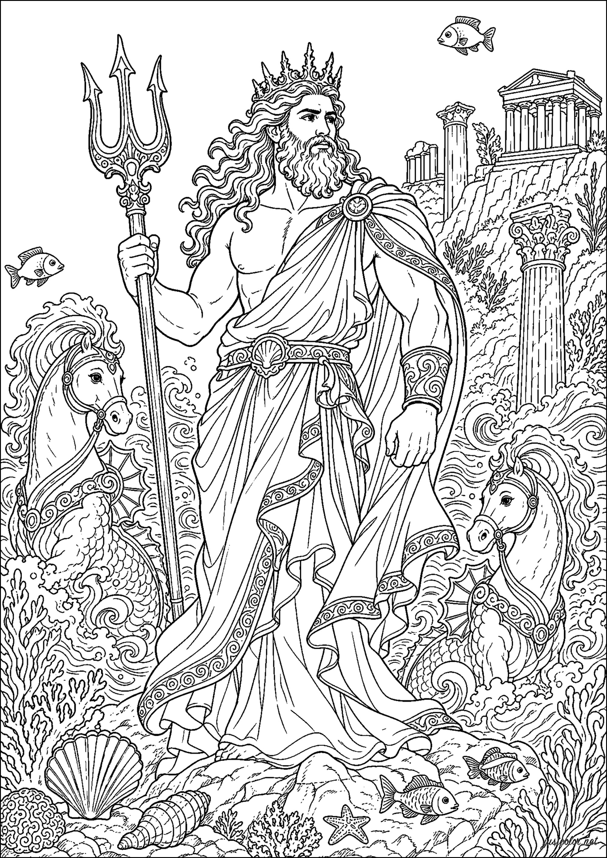 Poseidon, griechischer Gott der Meere (Ausmalbild von Altes Griechenland zum Ausdrucken und Ausmalen für Erwachsene)
