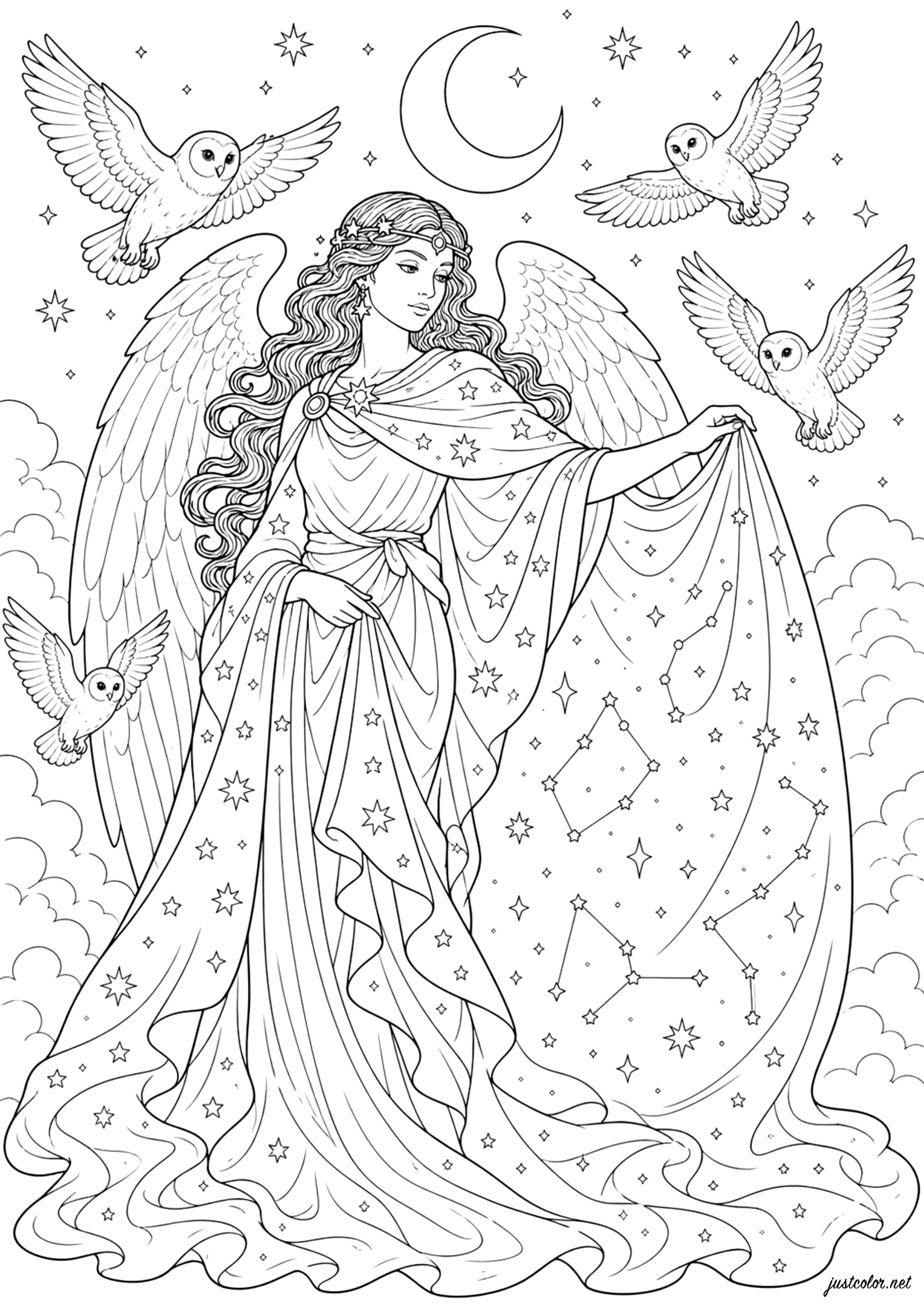 Nyx, Urgöttin der Nacht (Ausmalbild von Altes Griechenland zum Ausdrucken und Ausmalen für Erwachsene)