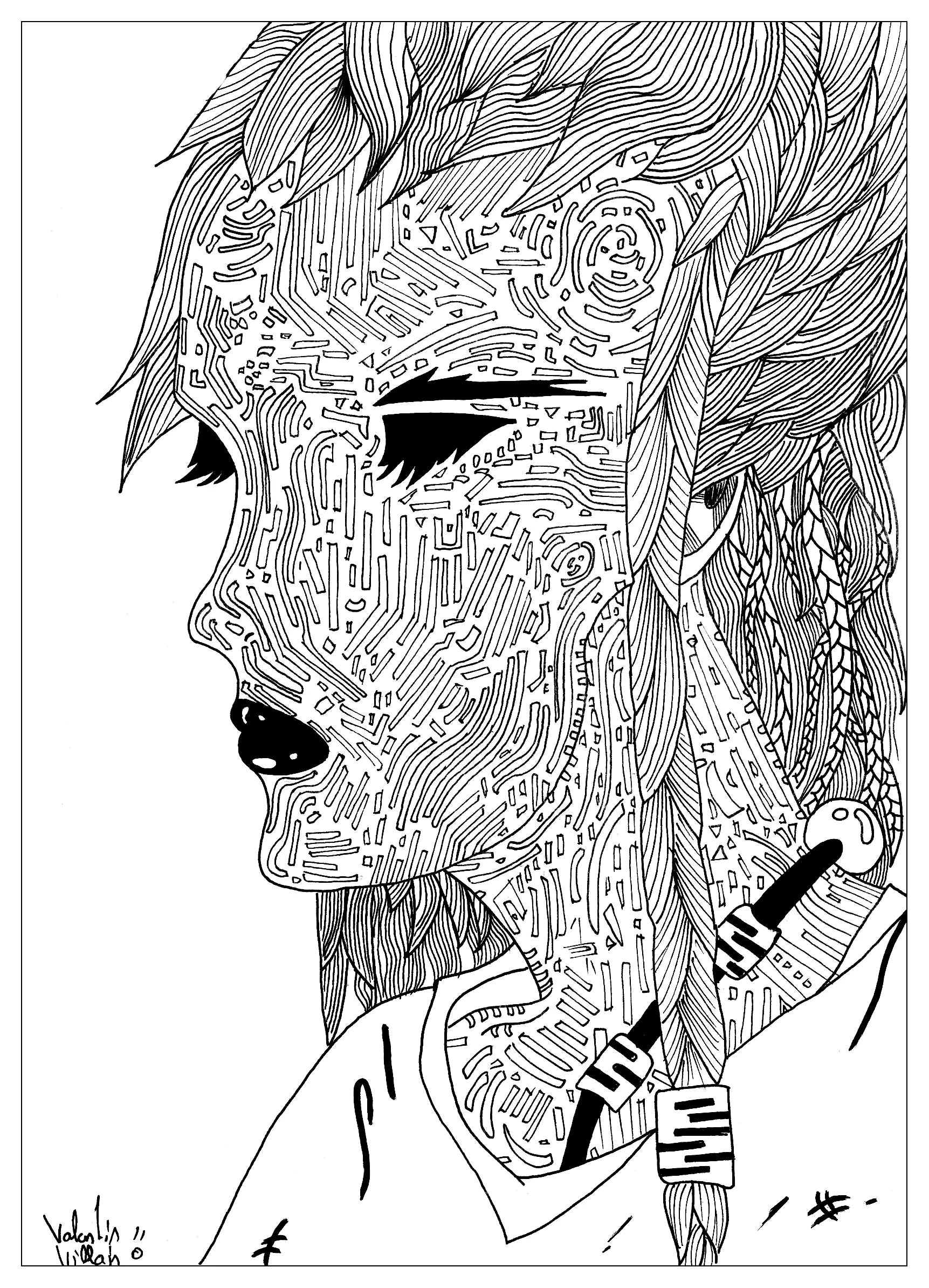 Eine Frau mit einem geheimnisvollen Gesicht (Ausmalbild Anti-stress / Zen zum Ausdrucken und Ausmalen für Erwachsene)