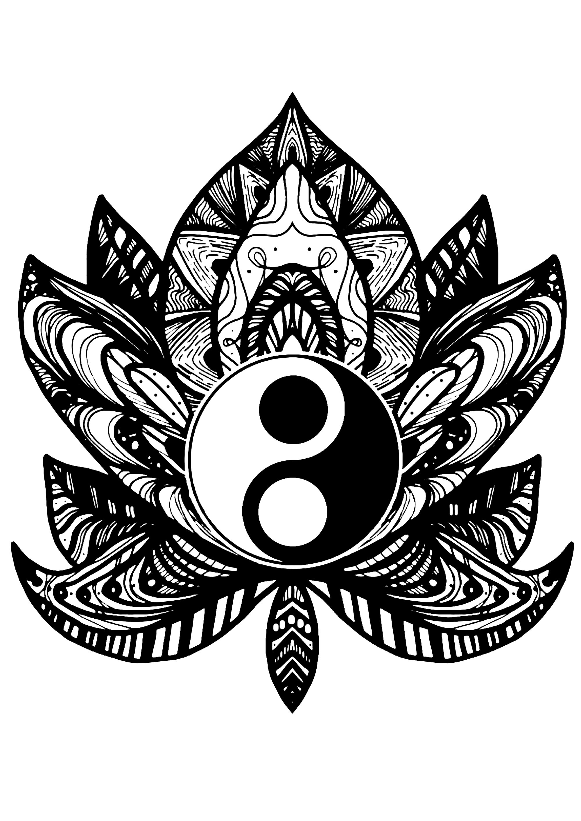 Entspannen Sie sich mit dieser Malvorlage einer seltsamen Blume mit einem Yin & Yang-Symbol in ihrer Mitte