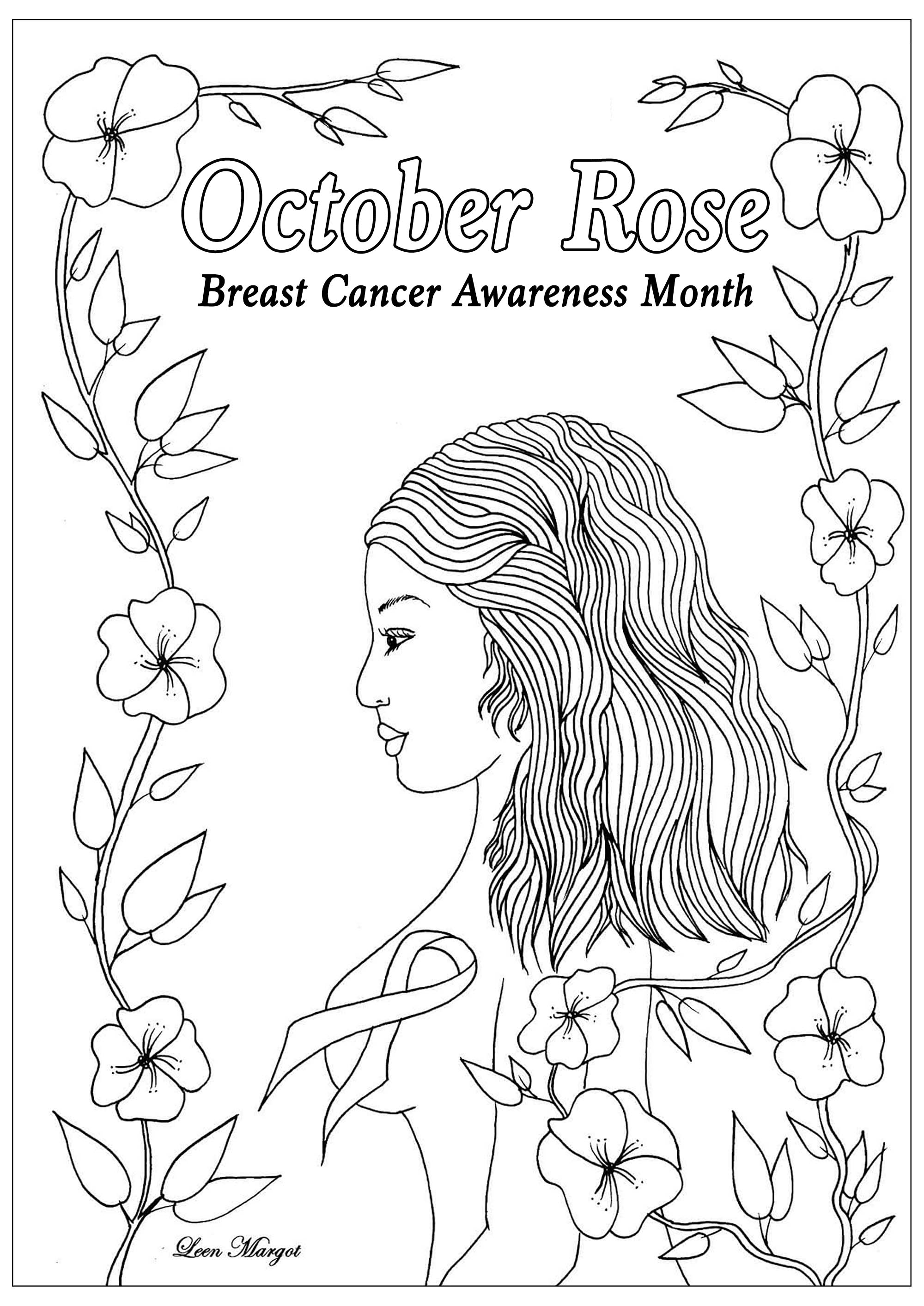 Exklusive Malvorlage erstellt für Oktober Rose : Brustkrebs-Bewusstseins-Monat (Version 1), Künstler : Leen Margot