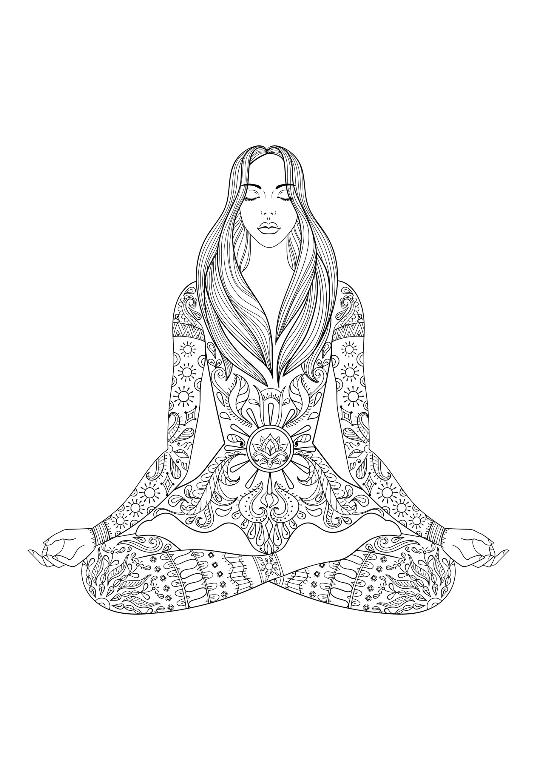 Frau sitzend im Lotussitz (Ausmalbild Anti-stress / Zen zum Ausdrucken und Ausmalen für Erwachsene)