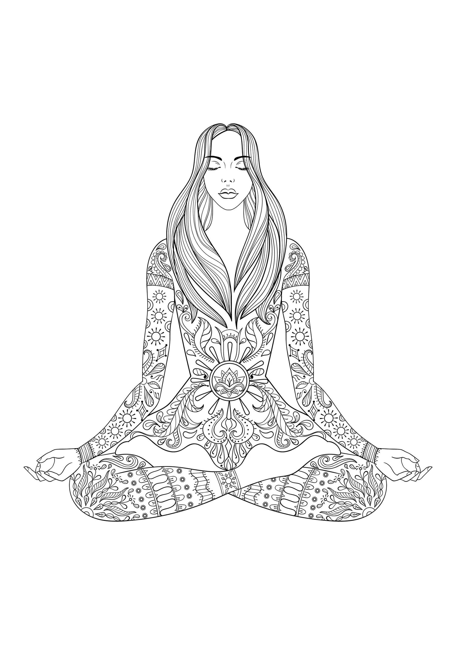 Frau sitzend im Lotussitz (Ausmalbild Anti-stress / Zen zum Ausdrucken und Ausmalen für Erwachsene)