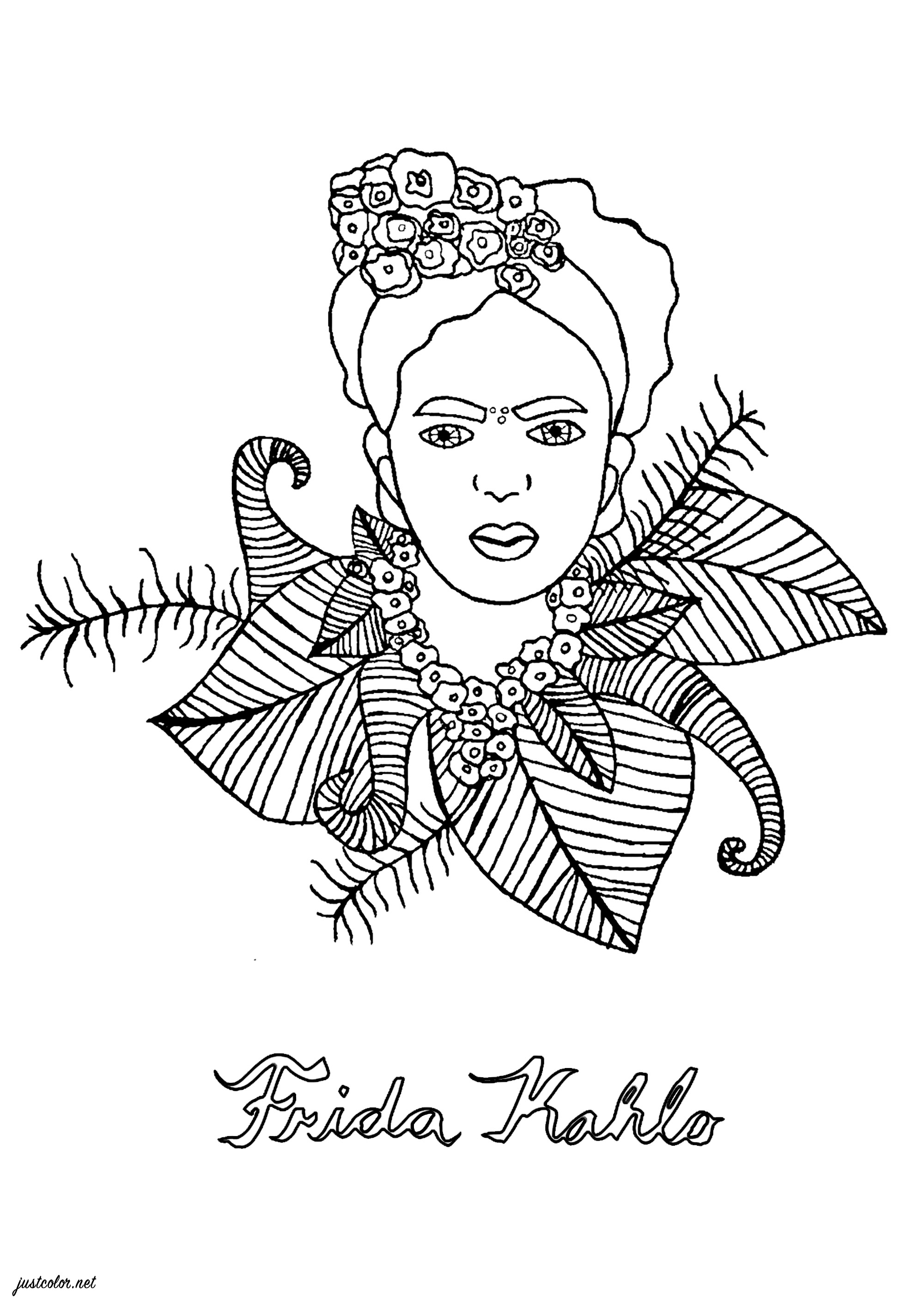Einfache Zeichnung zum Ausmalen, die Frida Kahlo darstellt