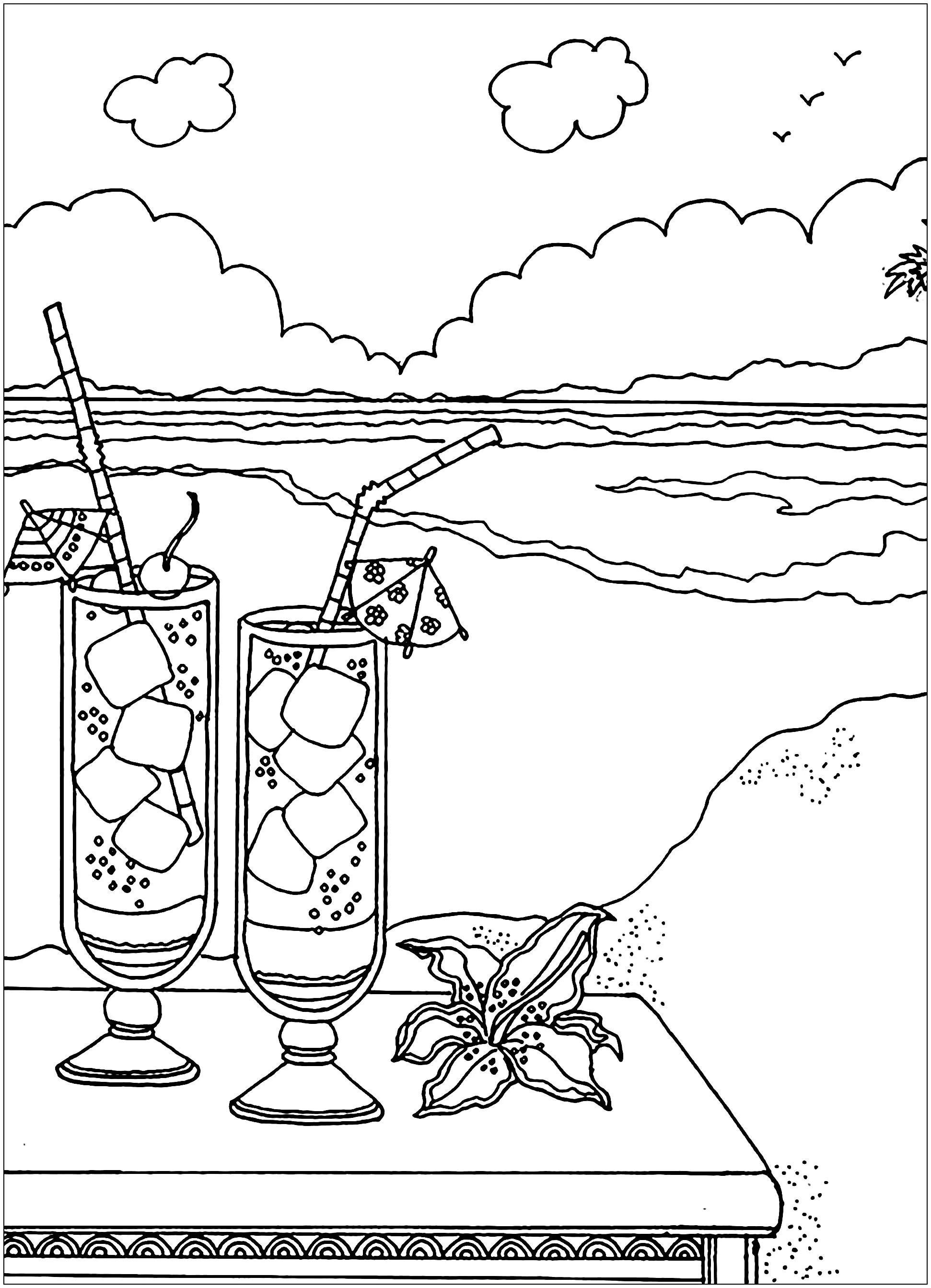 Cocktails am Strand (Ausmalbild Anti-stress / Zen zum Ausdrucken und Ausmalen für Erwachsene)