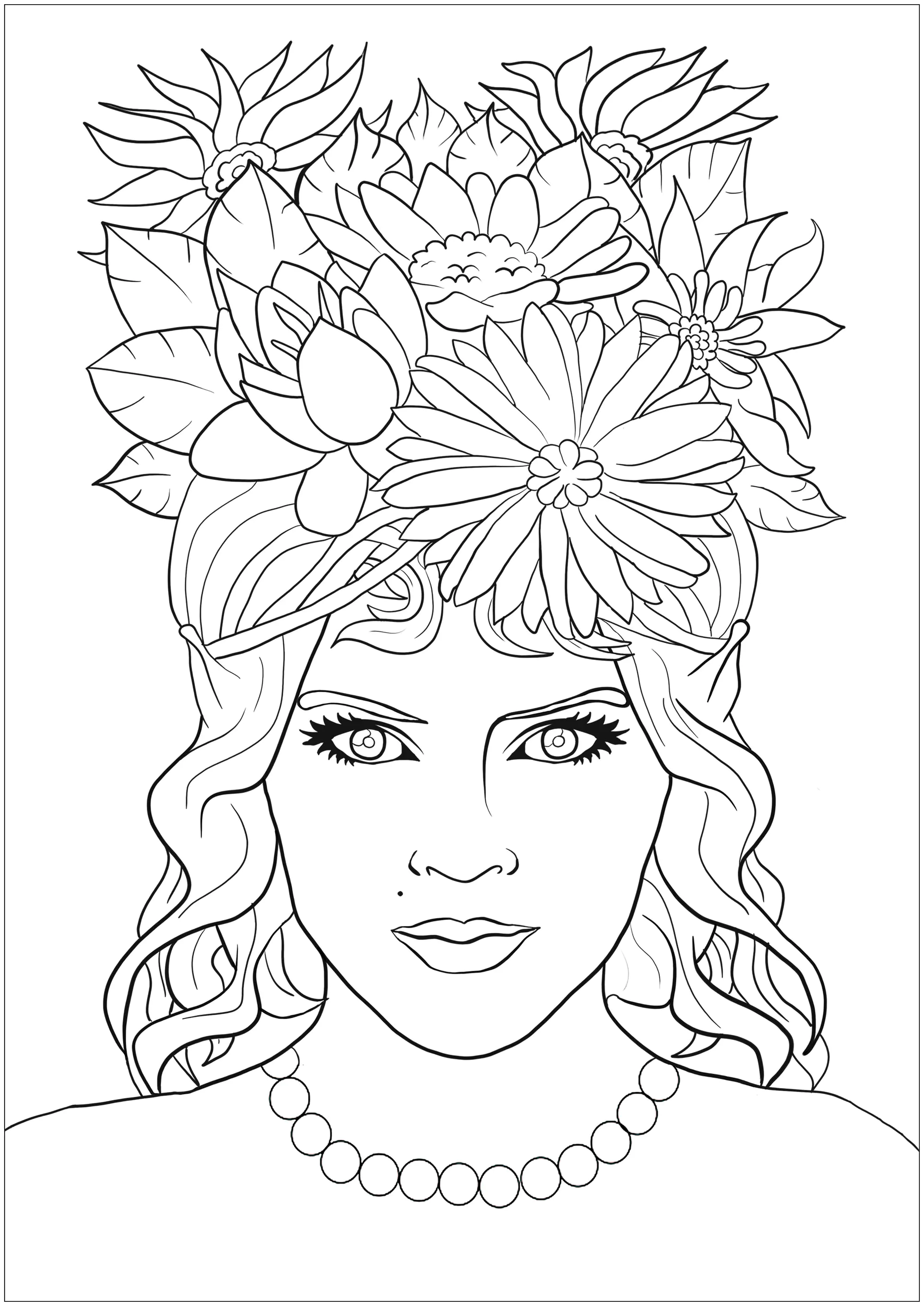 Elfenfrau mit geblümtem Haar (Ausmalbild Anti-stress / Zen zum Ausdrucken und Ausmalen für Erwachsene)