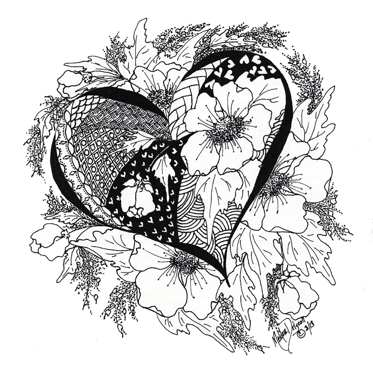 Herz mit Blumen und Blättern (Ausmalbild Anti-stress / Zen zum Ausdrucken und Ausmalen für Erwachsene)