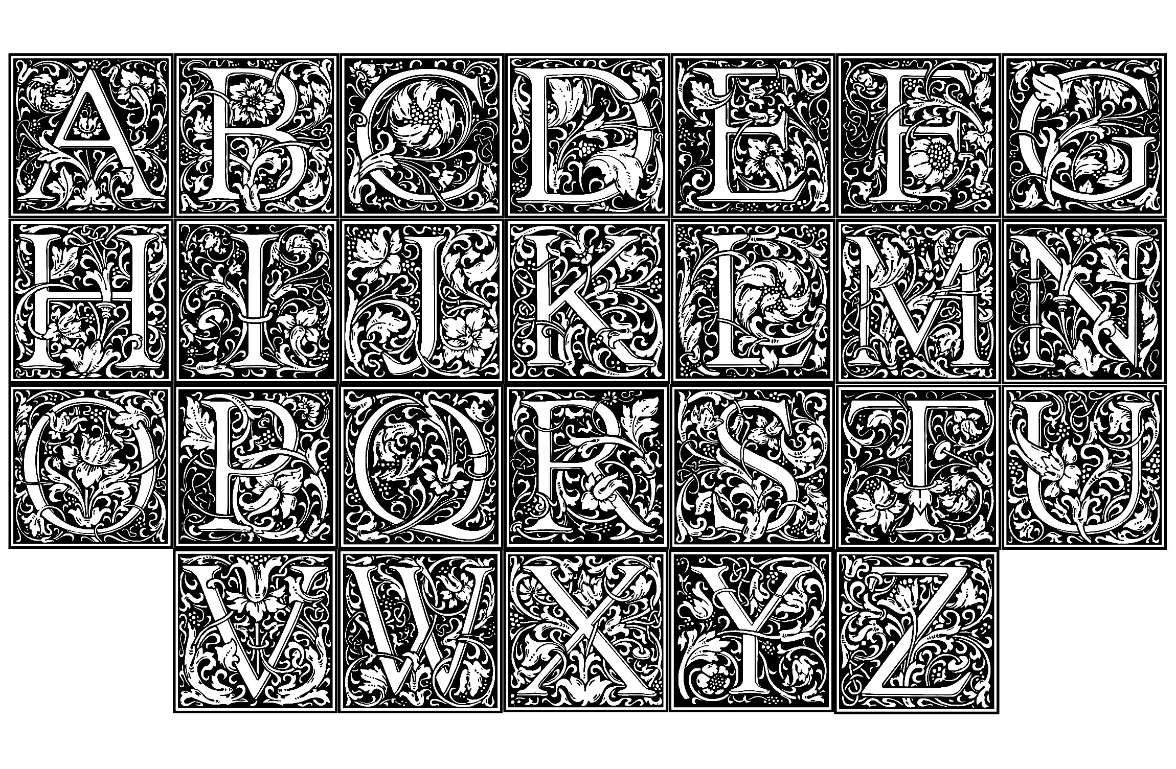 Ein ganzes Alphabet zum Ausmalen, erstellt nach Illustrationen des englischen Künstlers William Morris (1834 - 1896). Jeder Buchstabe des Alphabets ist mit typischen Kunstwerken verziert.