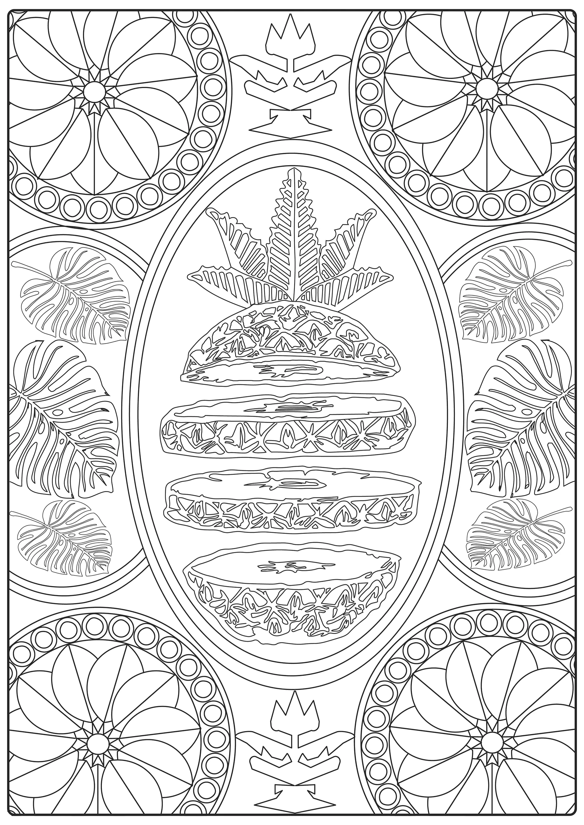 Geschnittene Ananas und Mandalas (Ausmalbild Anti-stress / Zen zum Ausdrucken und Ausmalen für Erwachsene)