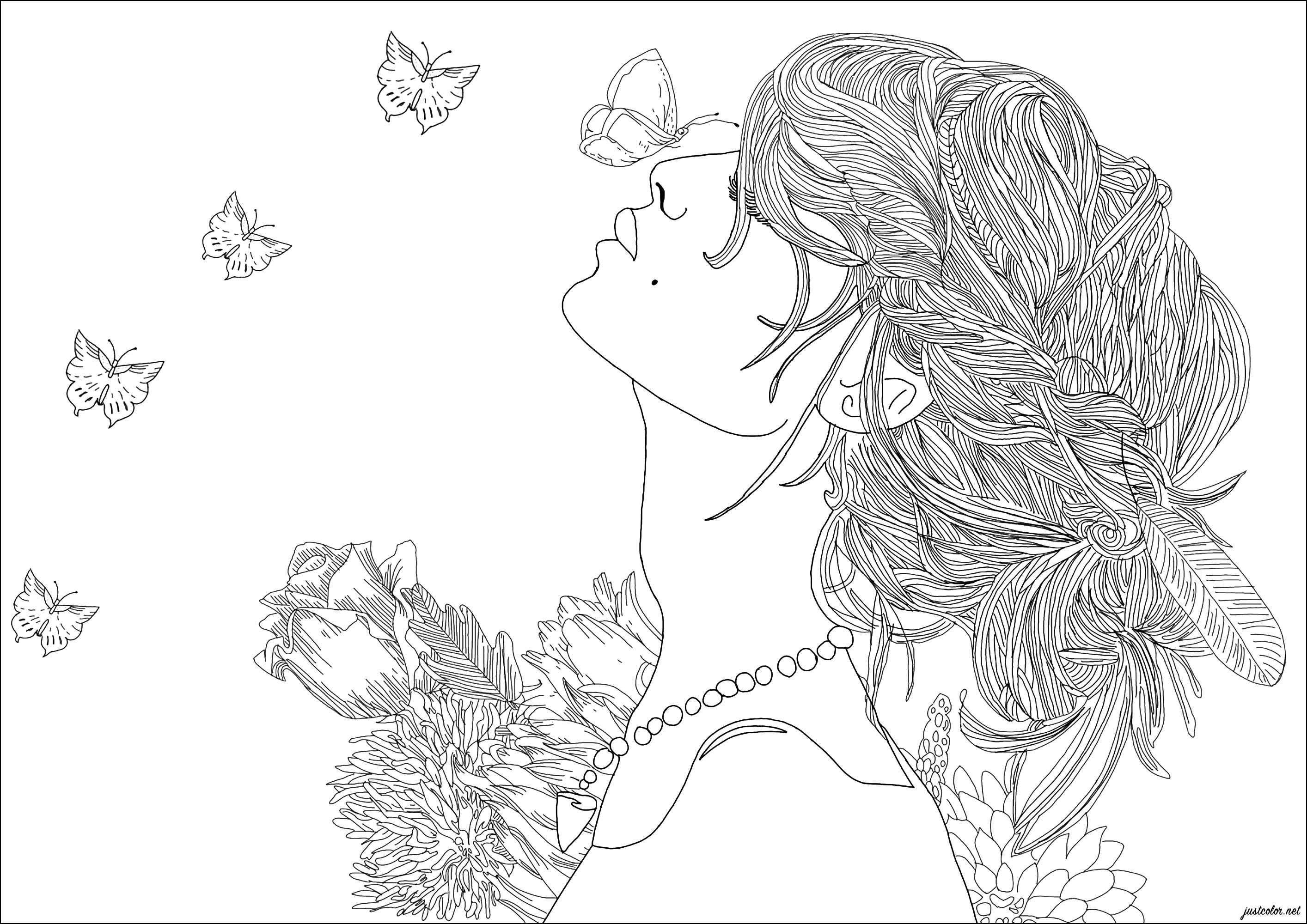 Frau im Profil mit Blumen und Schmetterlingen. Perfekt entspannende Färbung, Künstler : Jade F