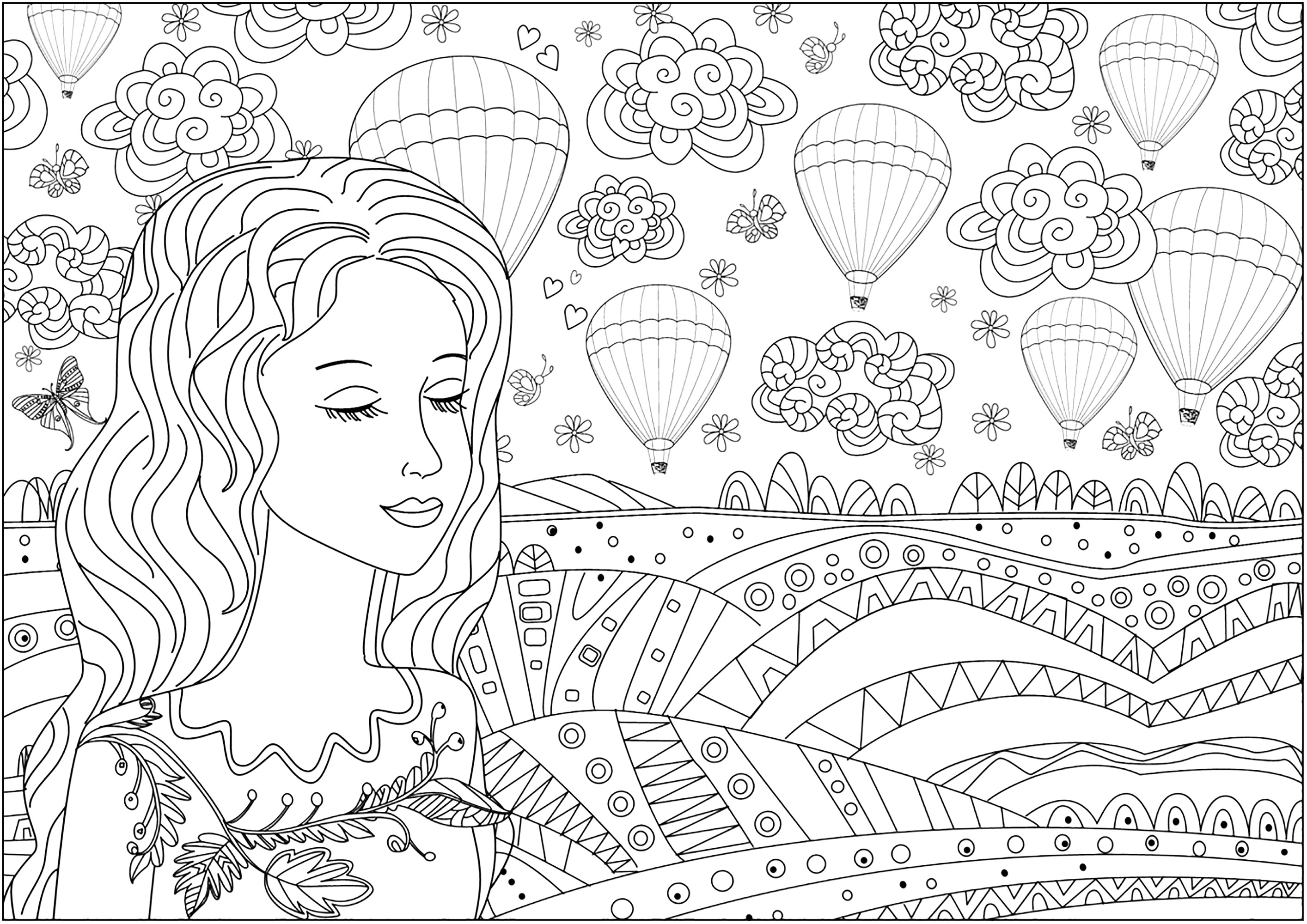 Nachdenkliche Frau vor einer Ebene und Heißluftballons am Himmel. Viele Details zum Ausmalen in dieser hübschen und originellen Malvorlage.