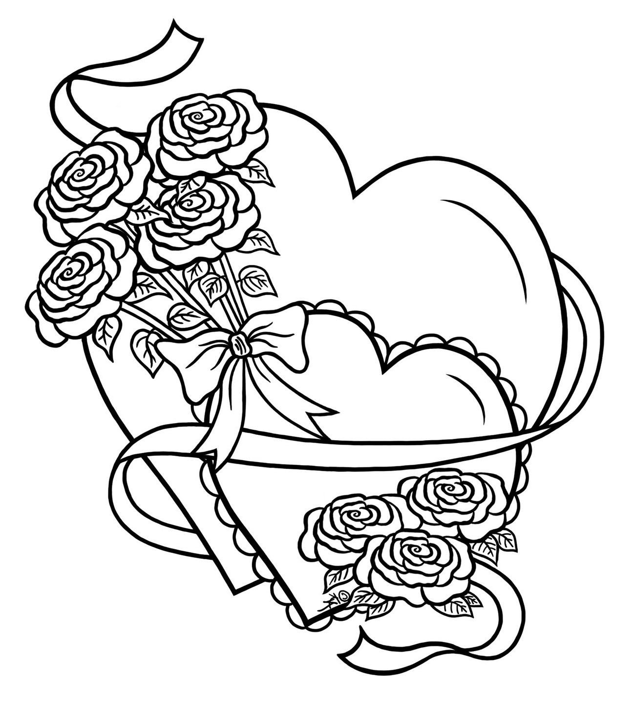 Einfaches Herz mit Blumen (Ausmalbild Anti-stress / Zen zum Ausdrucken und Ausmalen für Erwachsene)