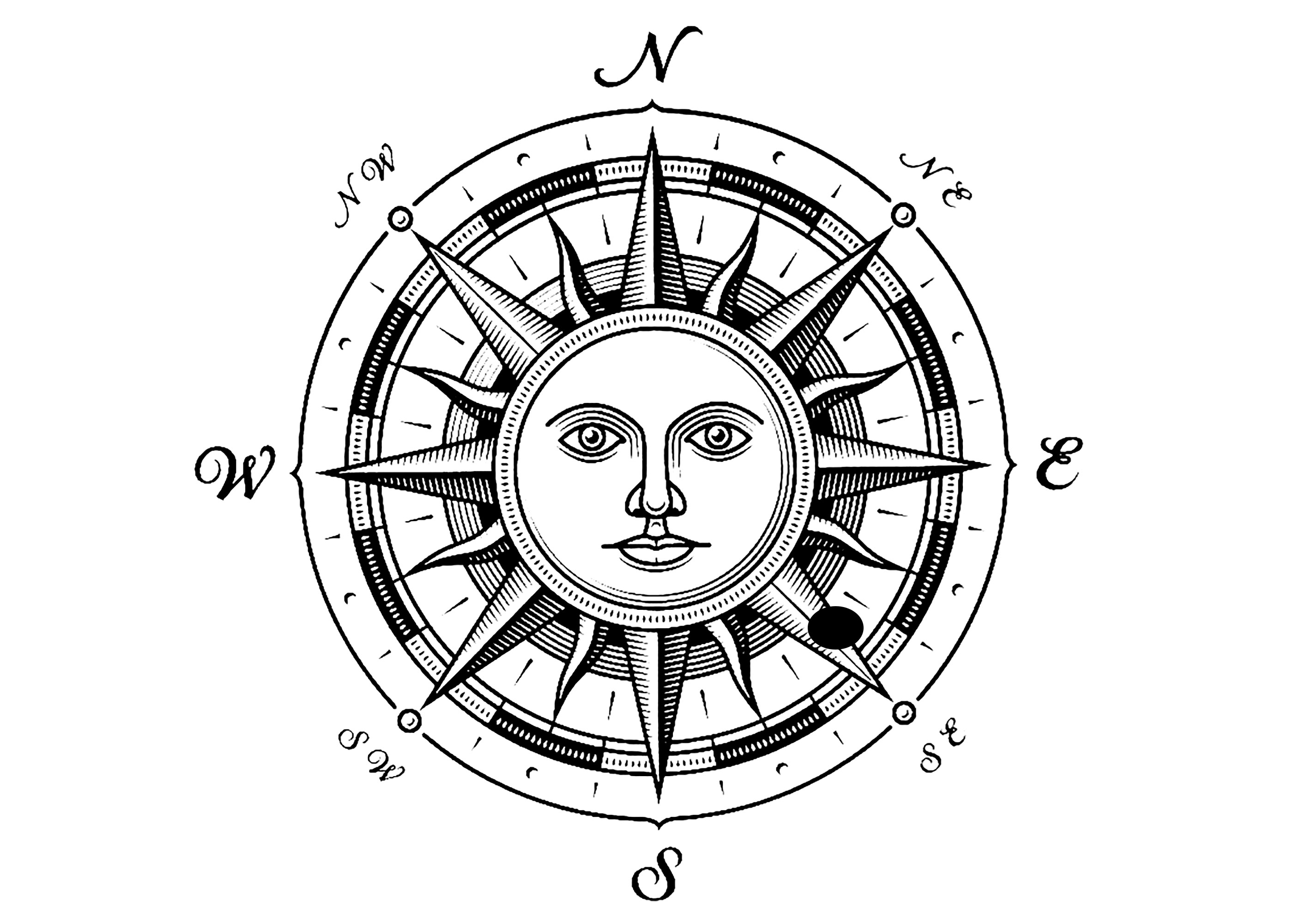 Zeichnung einer Kompassrose: die Sonne und die vier Himmelsrichtungen. Die Kompassrose, ursprünglich ein altes Navigationsinstrument, diente den Seefahrern dank ihrer Himmelsrichtungen als präziser Wegweiser und erleichterte die Fahrt auf See.Über ihre praktische Funktion hinaus verkörpert sie symbolisch den menschlichen Wunsch nach Erkundung und Entdeckung und erinnert uns daran, dass die Welt groß und voller neuer Möglichkeiten ist.In Verbindung mit der Suche nach dem eigenen Lebensweg symbolisiert er Selbstvertrauen und Orientierung in einer komplexen Welt und bietet einen inneren Kompass, der uns bei unseren Wahlmöglichkeiten und Entscheidungen hilft.