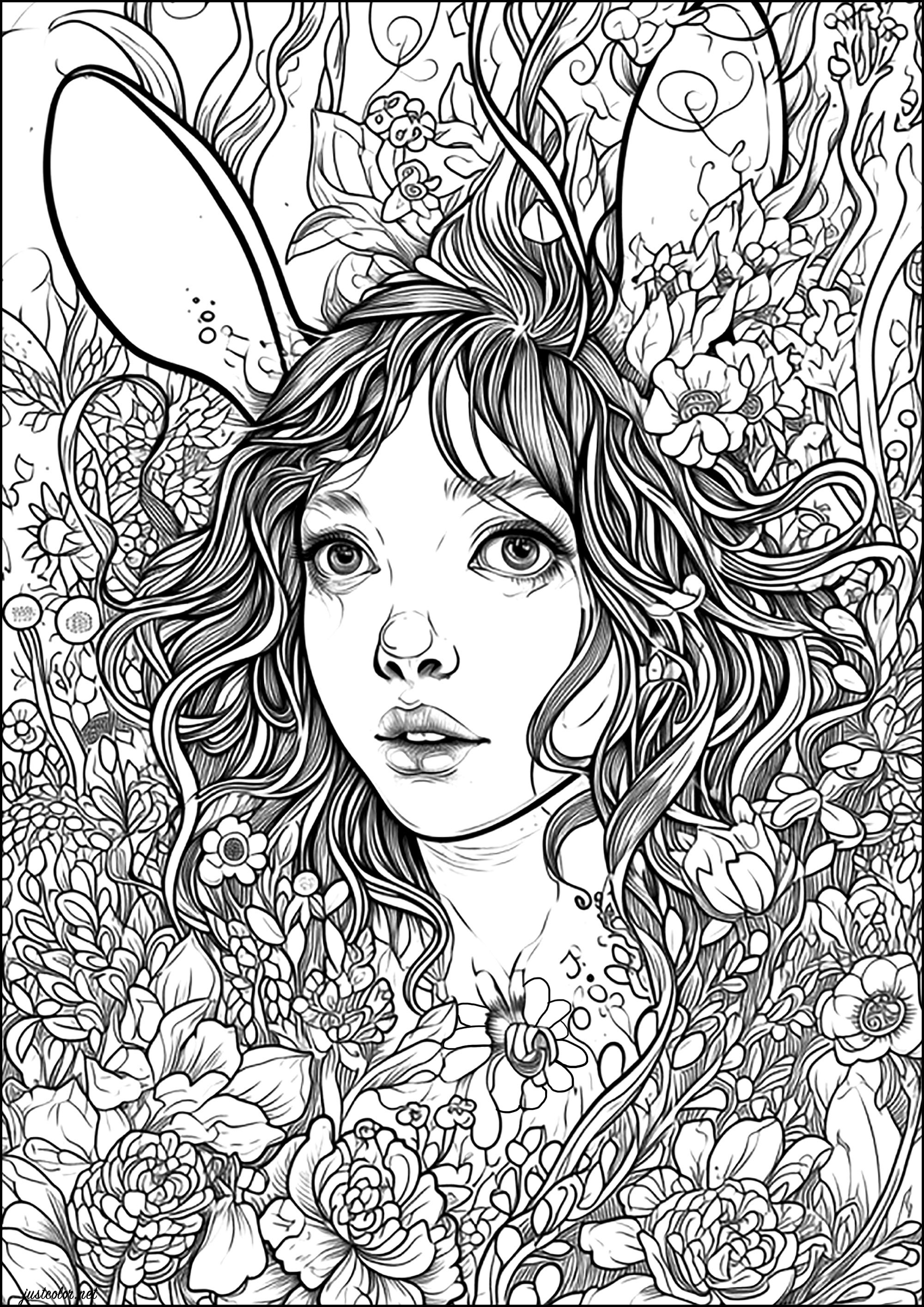 Die Kaninchenfrau. Ein Zauberspruch verwandelt diese junge Frau in ein Kaninchen... Sie versteckt sich zwischen den Blumen und wartet auf jemanden, der sie rettet.