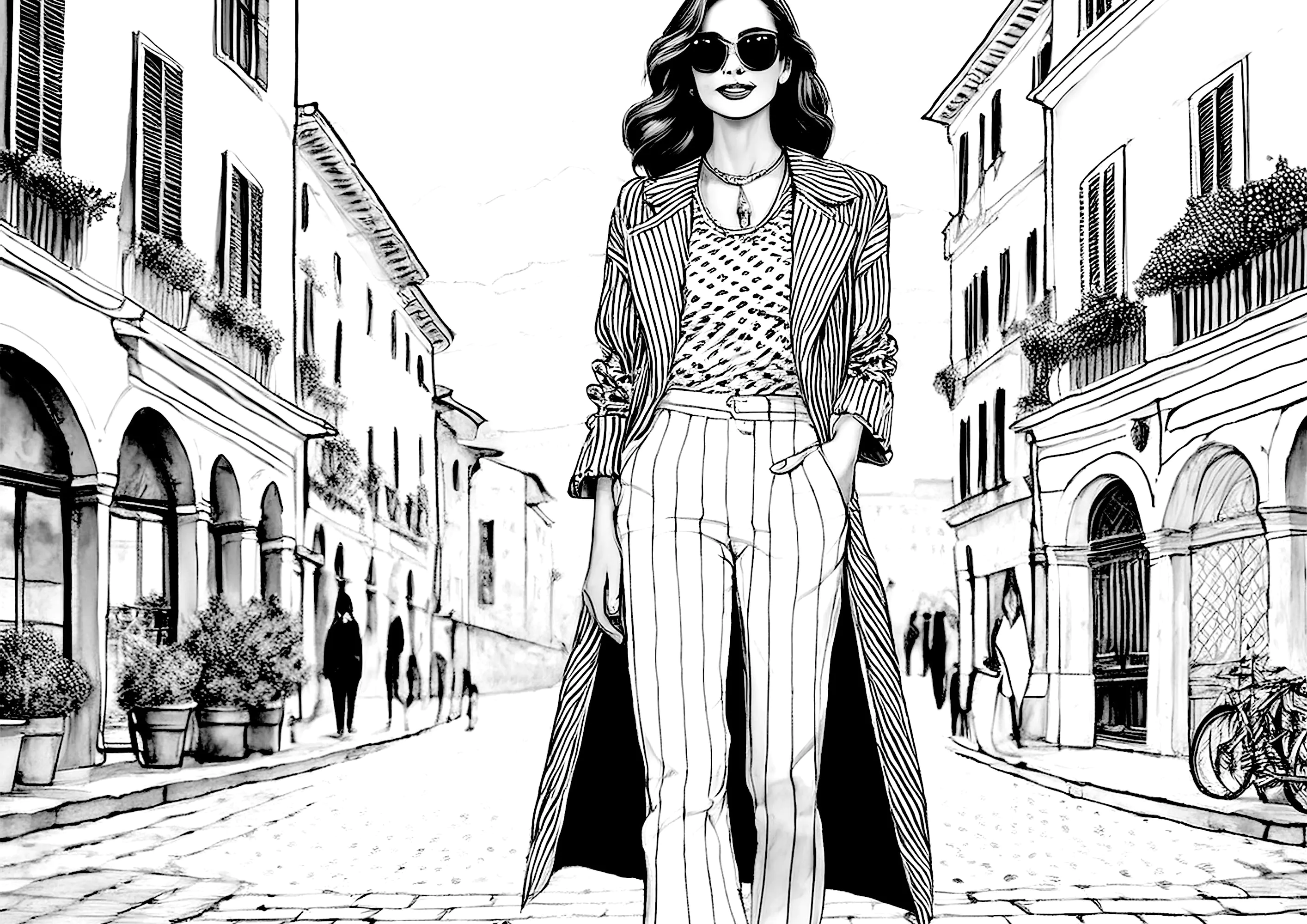 Elegante Frau auf einer Straße (Ausmalbild Anti-stress / Zen zum Ausdrucken und Ausmalen für Erwachsene)
