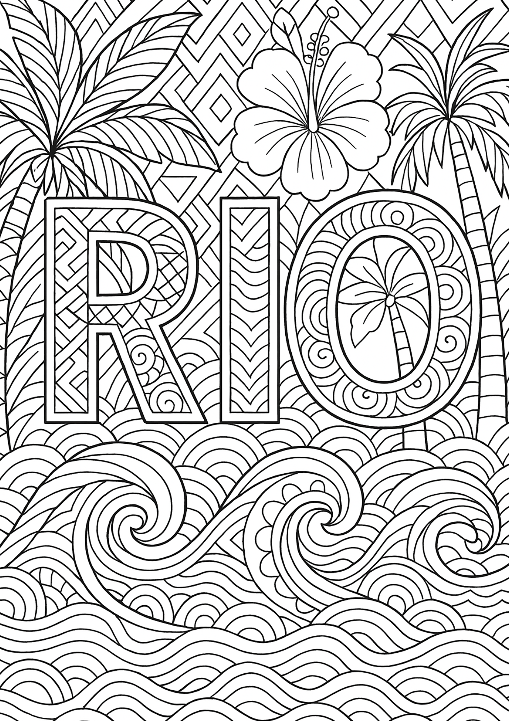 Rio: Abstrakte Muster, Pflanzen und Wellen (Ausmalbild Anti-stress / Zen zum Ausdrucken und Ausmalen für Erwachsene)