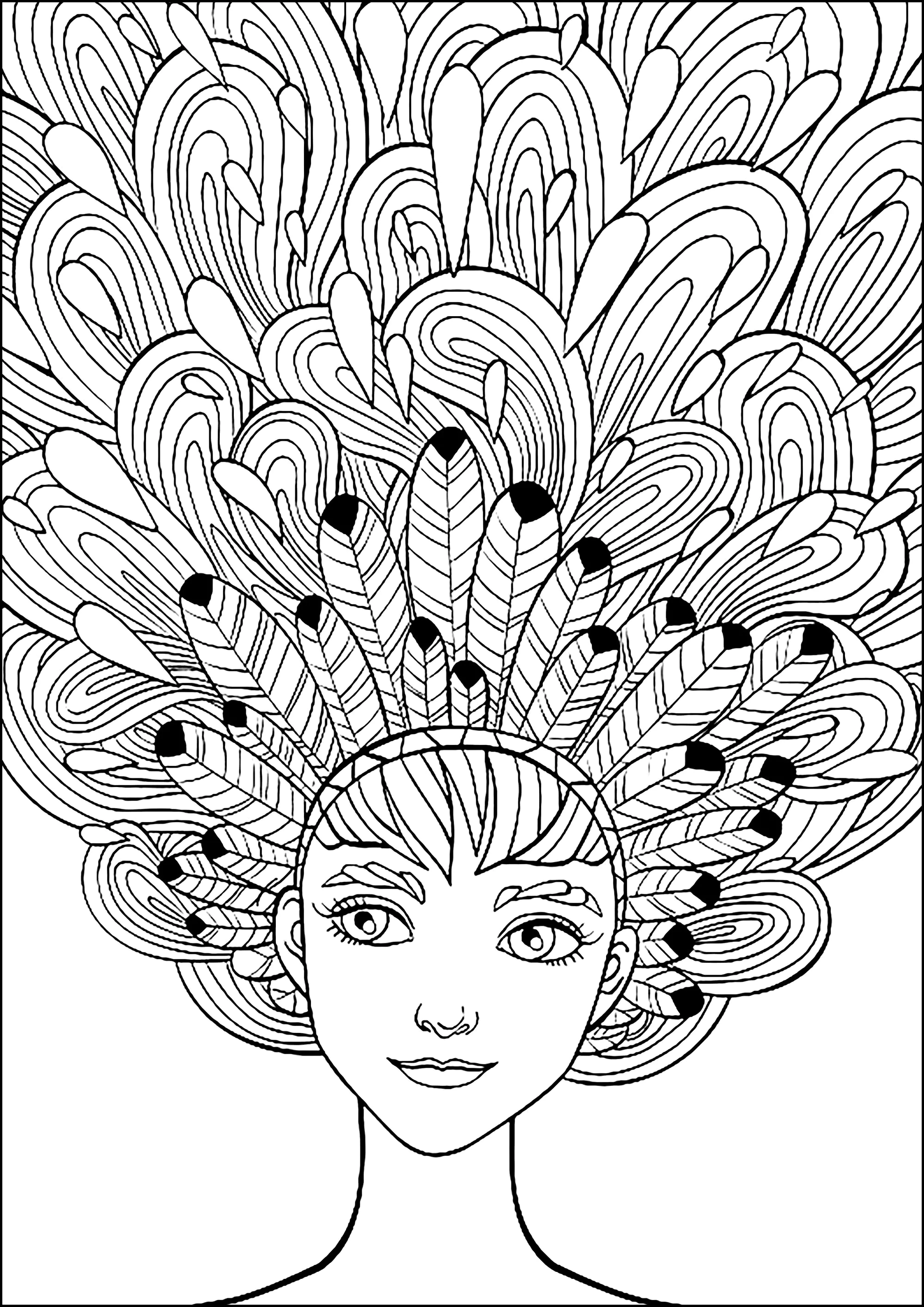 Frau mit Federhaaren (Ausmalbild Anti-stress / Zen zum Ausdrucken und Ausmalen für Erwachsene)