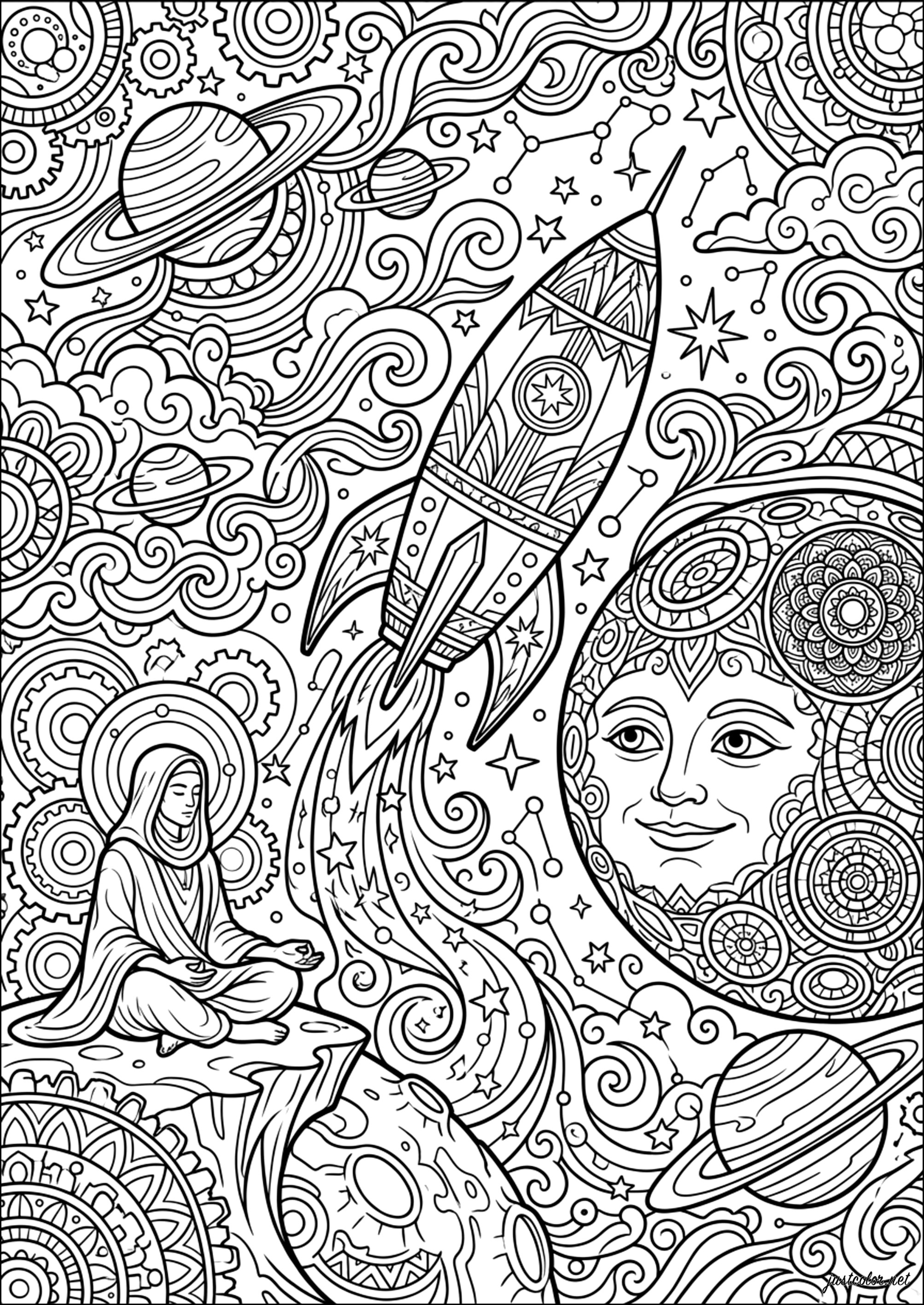 Kosmische Reise und Mondmeditation (Ausmalbild Anti-stress / Zen zum Ausdrucken und Ausmalen für Erwachsene)