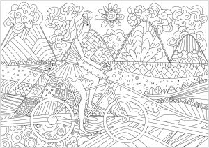 Mädchen fährt auf einem Fahrrad (Ausmalbild Anti-stress / Zen)