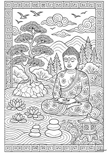 Buddhistische Gelassenheit am Wasserrand (Ausmalbild Anti-stress / Zen)