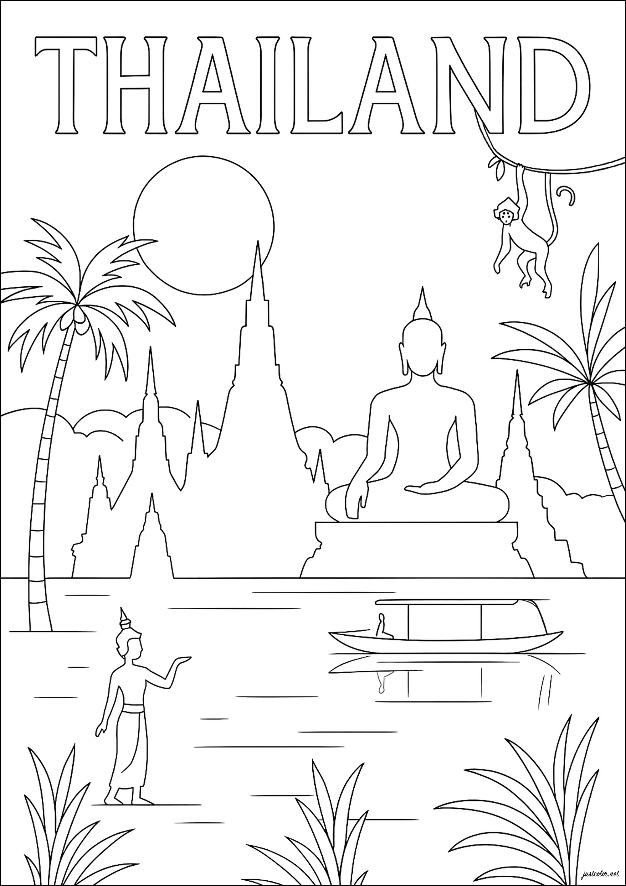 Thailand (Ausmalbild von Architektur, Länder und Städte zum Ausdrucken und Ausmalen für Erwachsene)