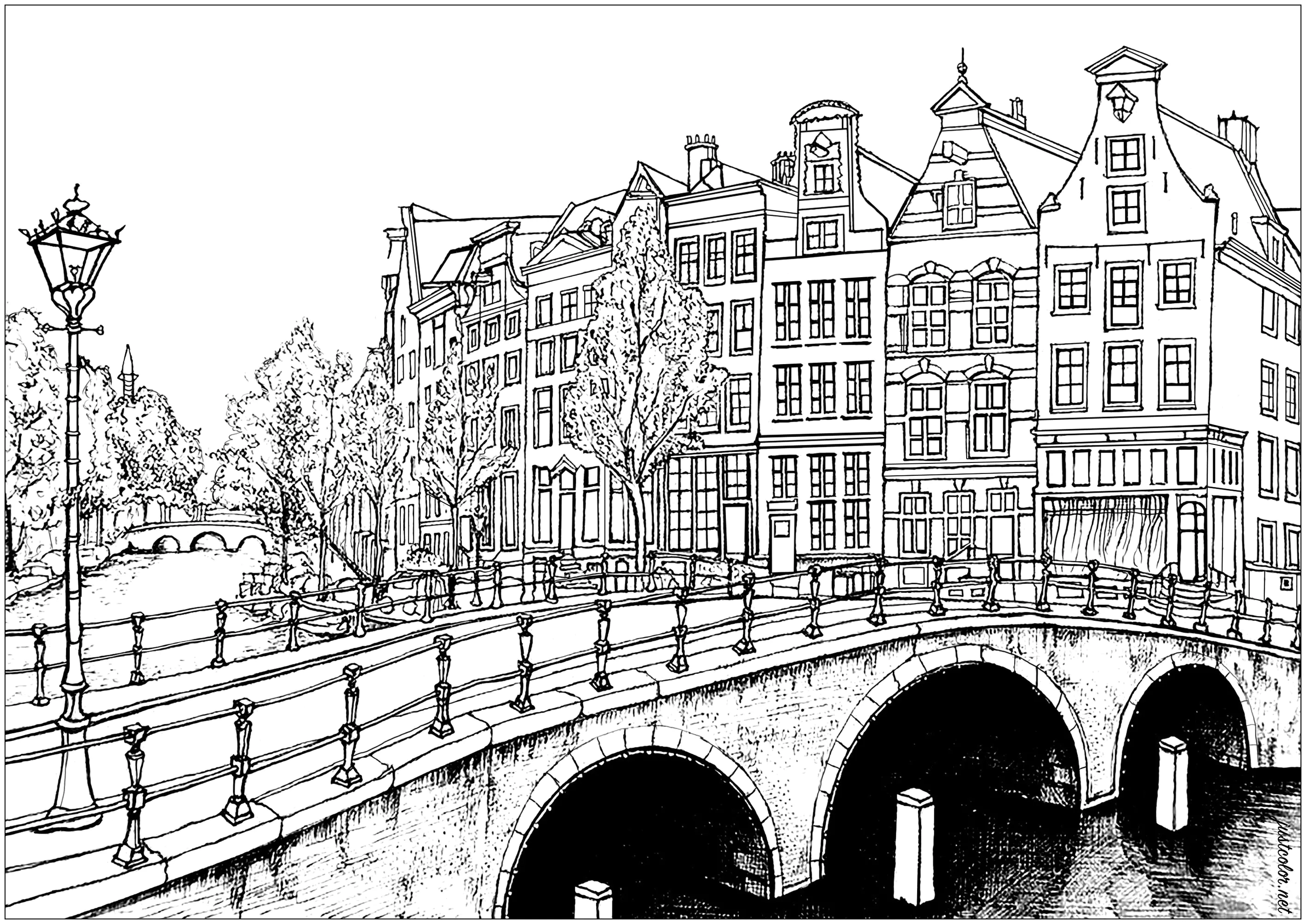 Amsterdamer Häuser und Brücken (Ausmalbild von Architektur & Zuhause zum Ausdrucken und Ausmalen für Erwachsene)