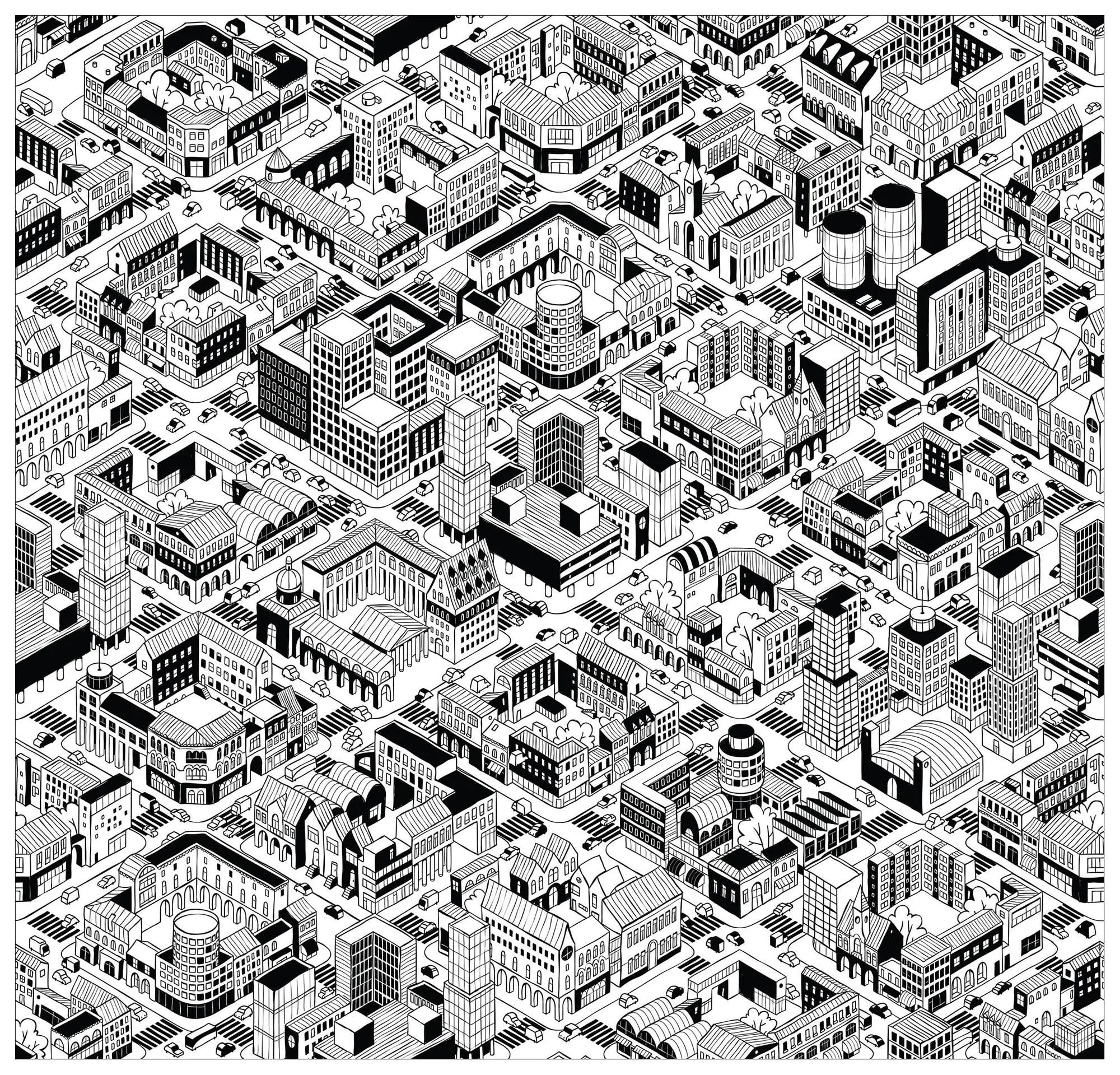 Unglaubliche Stadt (Ausmalbild von Architektur, Länder und Städte zum Ausdrucken und Ausmalen für Erwachsene)