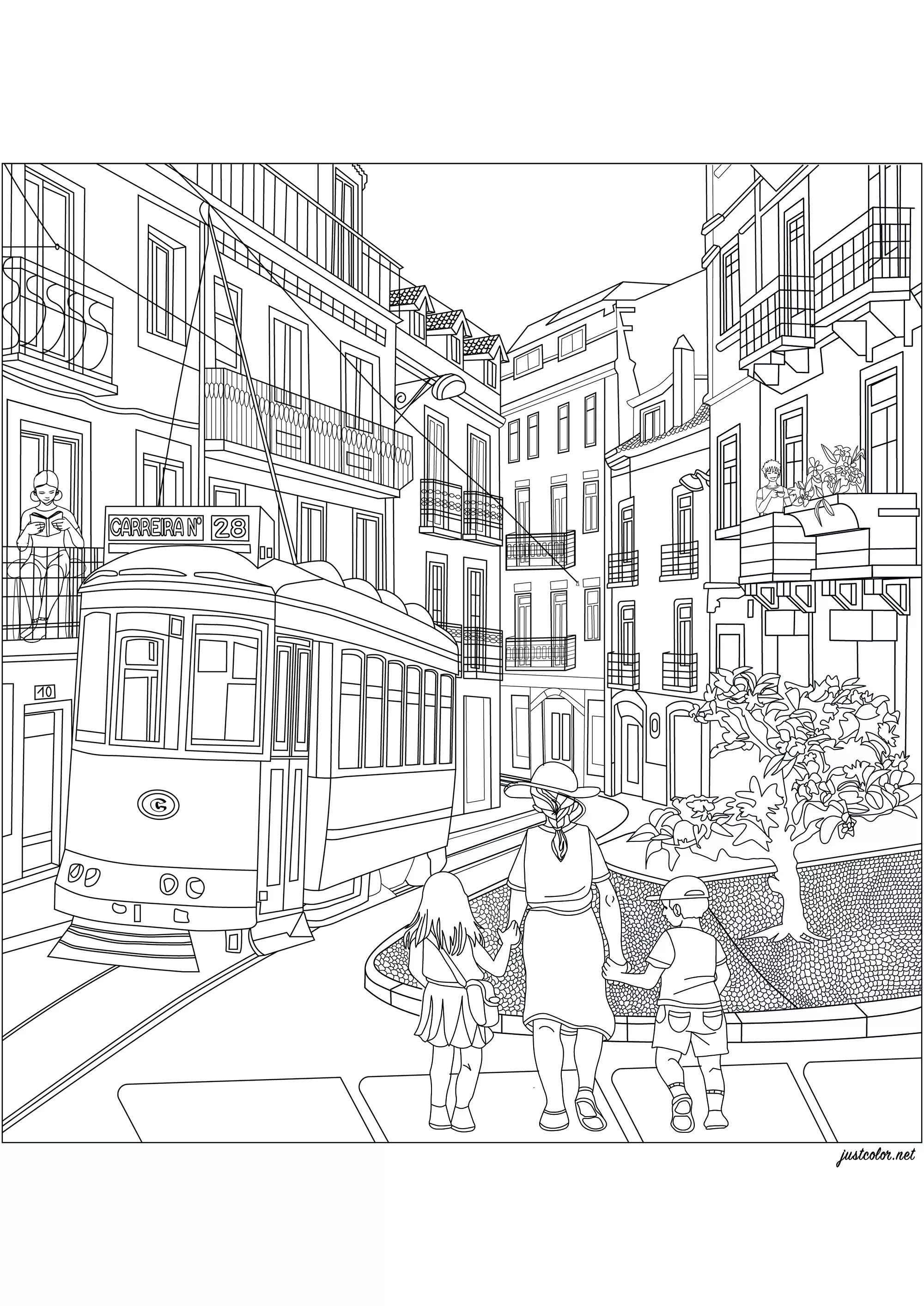 Lissabon: Stadtteil Amalfa und Straßenbahnlinie - 28 (Ausmalbild von Morgan zum Ausdrucken und Ausmalen für Erwachsene)