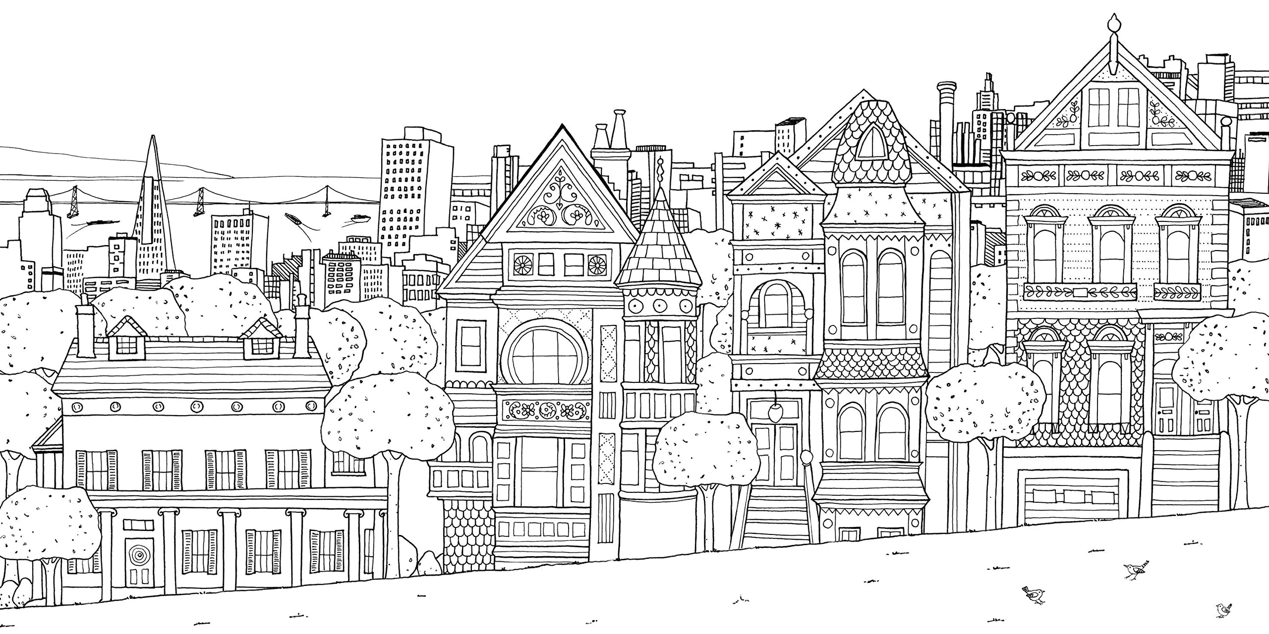 Gemalte Damen, San Fransisco (Ausmalbild von Architektur, Länder und Städte zum Ausdrucken und Ausmalen für Erwachsene)