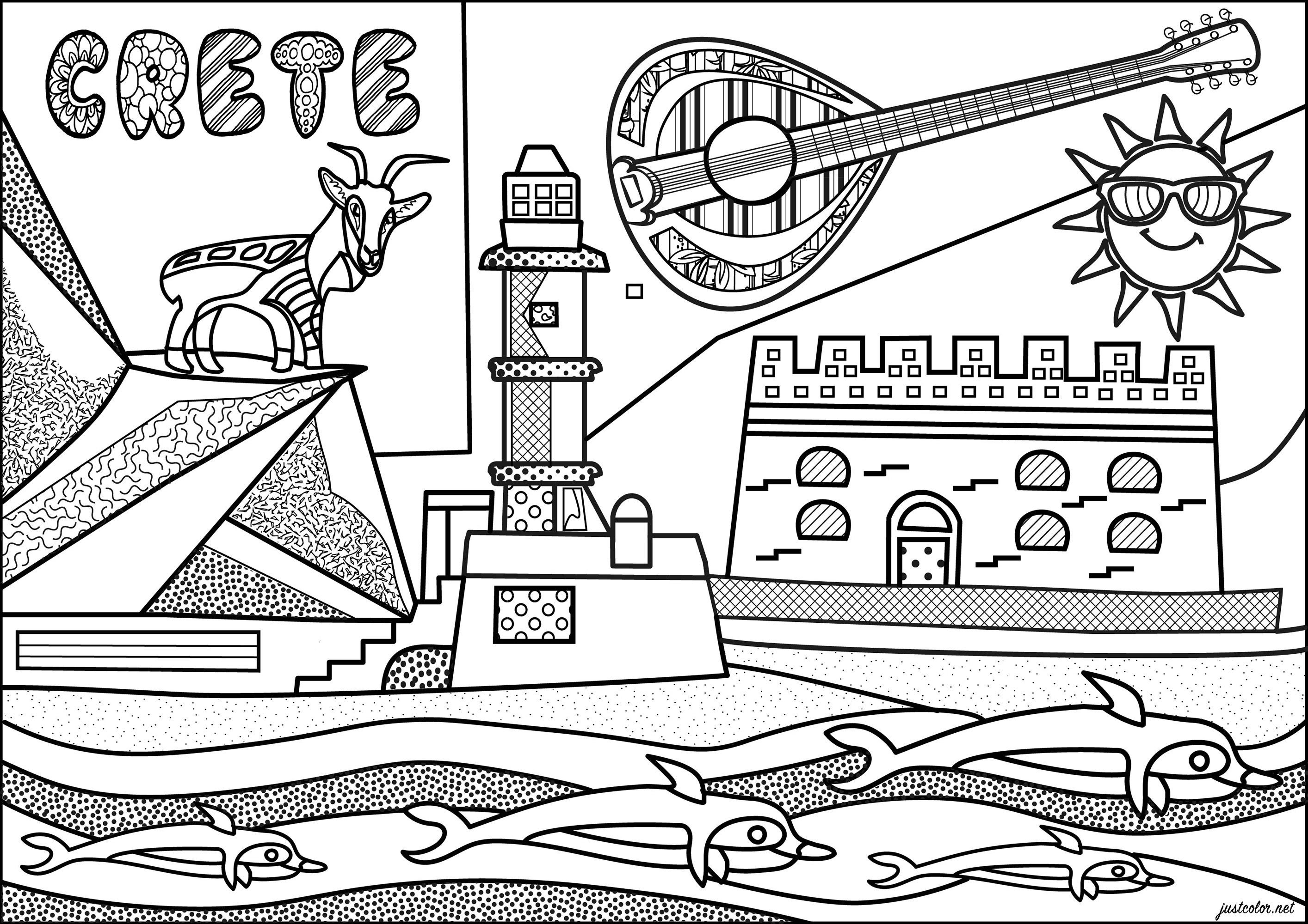 Von der griechischen Insel Kreta inspirierte Farbgebung mit verschiedenen typischen Denkmälern. Diese Malvorlage zeigt die Festung von Heraklion, den ägyptischen Leuchtturm von Chania und eine berühmte Kri-kri Ziege.Eine originelle Illustration, inspiriert vom Stil der 'Naiven Kunst', Künstler : Morgan