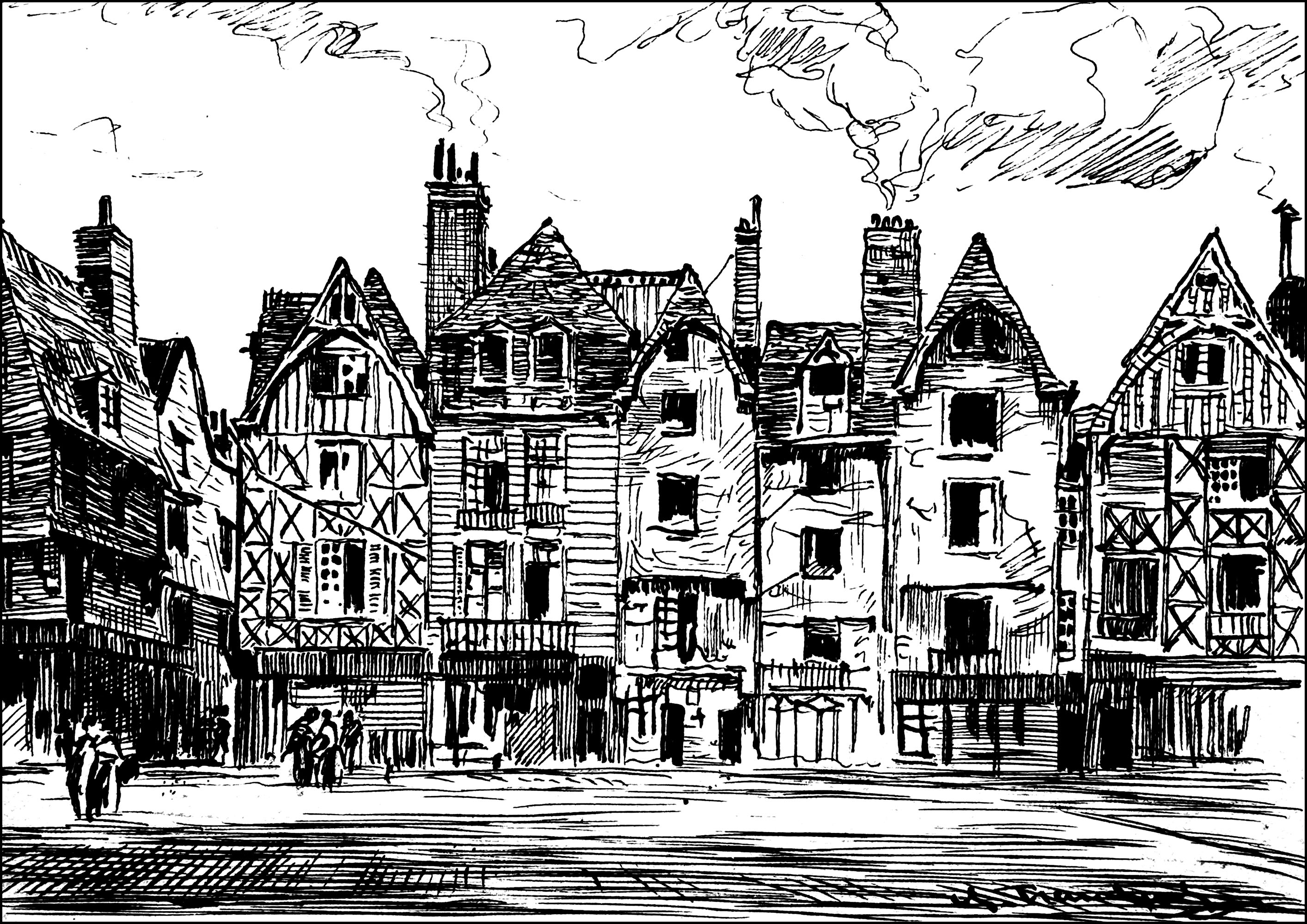 Fachwerkhäuser in Angers (Frankreich) (Ausmalbild von Länder, Städte und Denkmäler zum Ausdrucken und Ausmalen für Erwachsene)