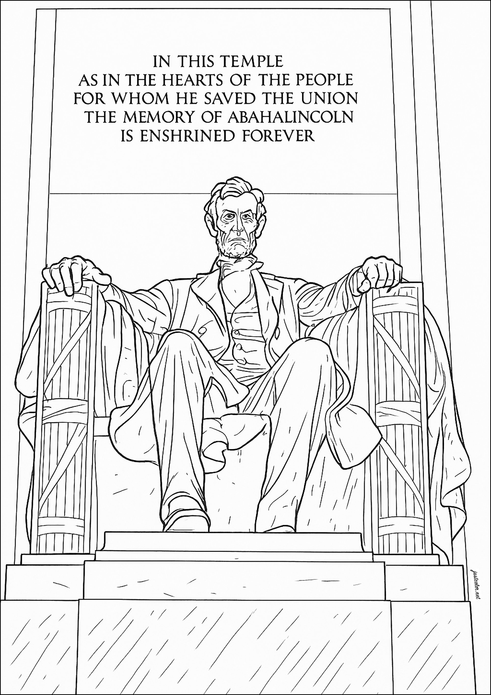 Die Statue von Abraham Lincoln (Lincoln Memorial) in Washington D.C. (USA)  - Ausmalbilder von Architektur, Länder und Städte zum Ausmalen, image size:2000x2828
