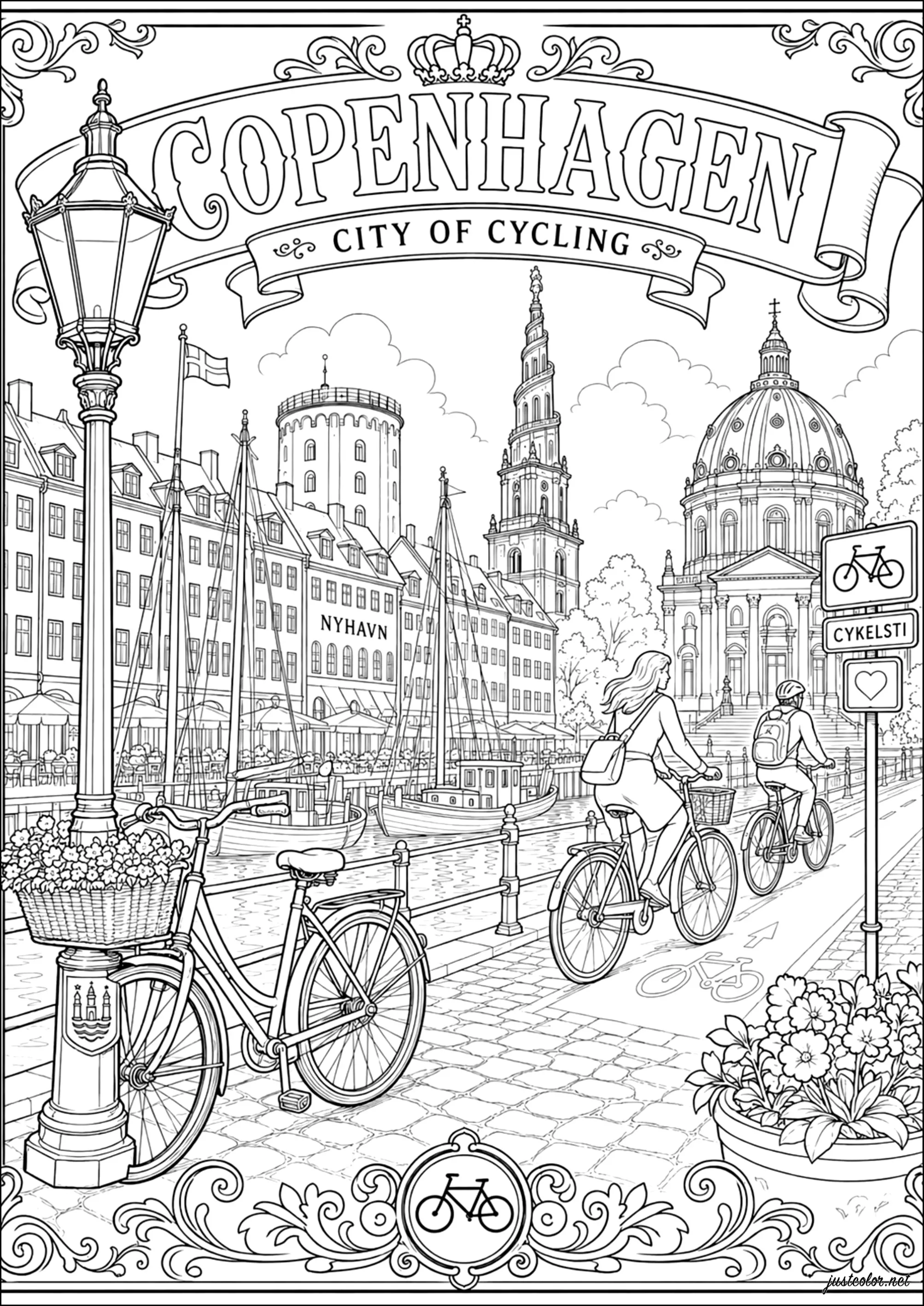 Kopenhagen – Die Stadt des Radfahrens (Ausmalbild von Länder, Städte und Denkmäler zum Ausdrucken und Ausmalen für Erwachsene)