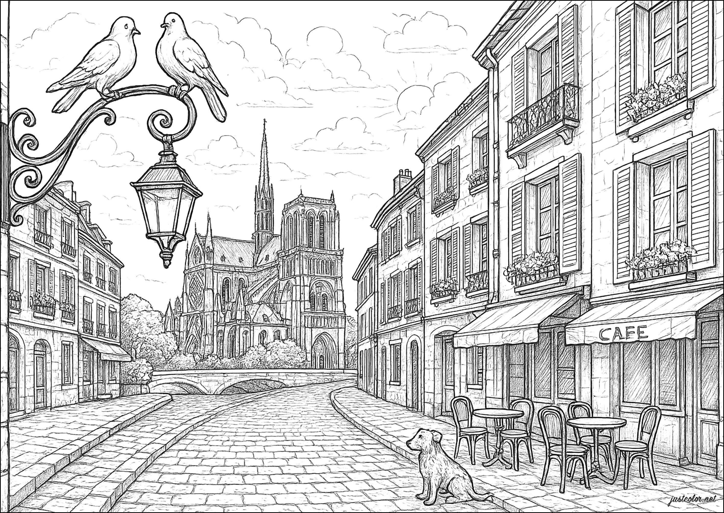 Pariser Szene aus Les Misérables (Ausmalbild von Architektur, Länder und Städte zum Ausdrucken und Ausmalen für Erwachsene)