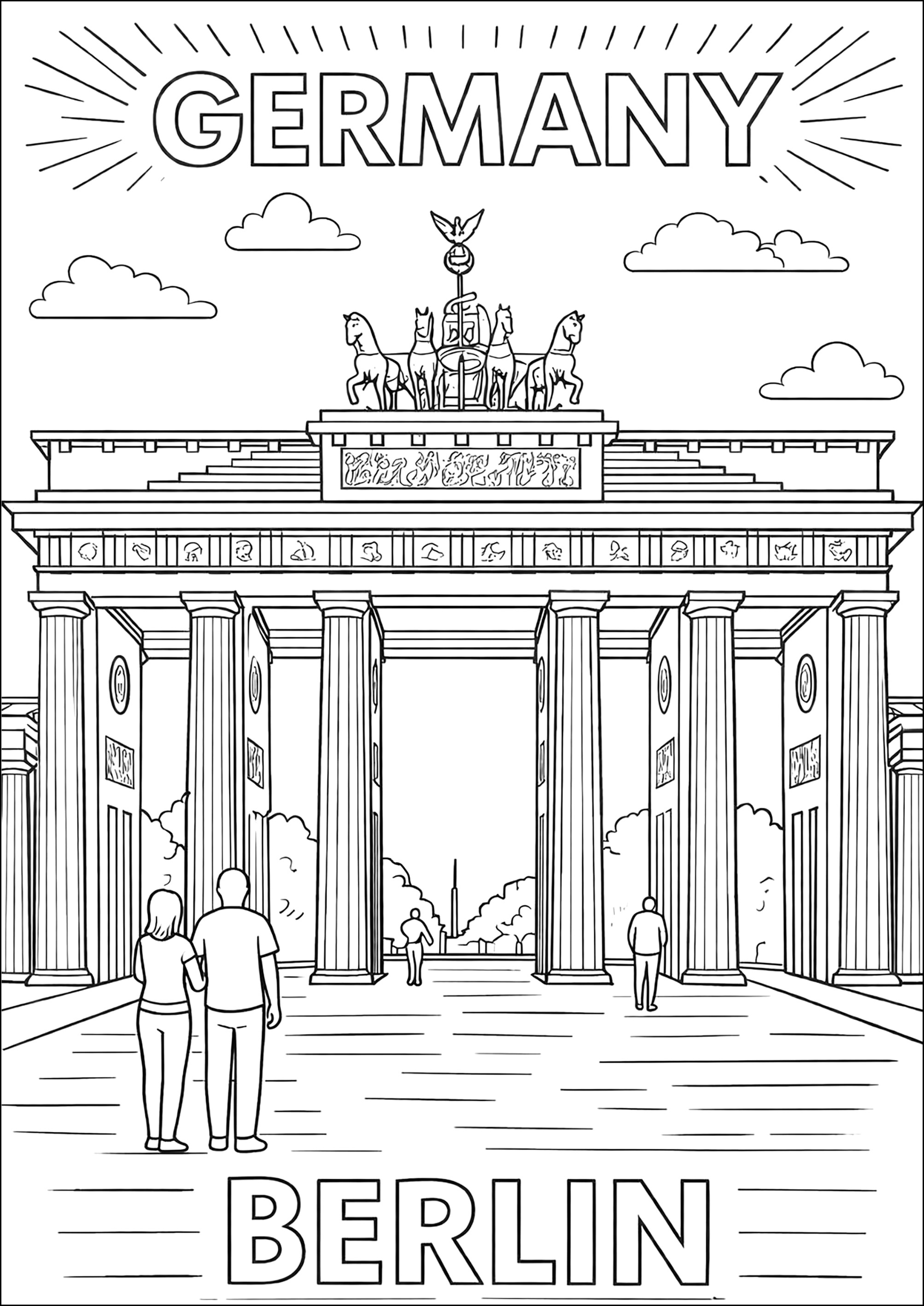 Das Brandenburger Tor Berlins, Deutschlands emblematischstes Monument (Ausmalbild von Länder, Städte und Denkmäler zum Ausdrucken und Ausmalen für Erwachsene)