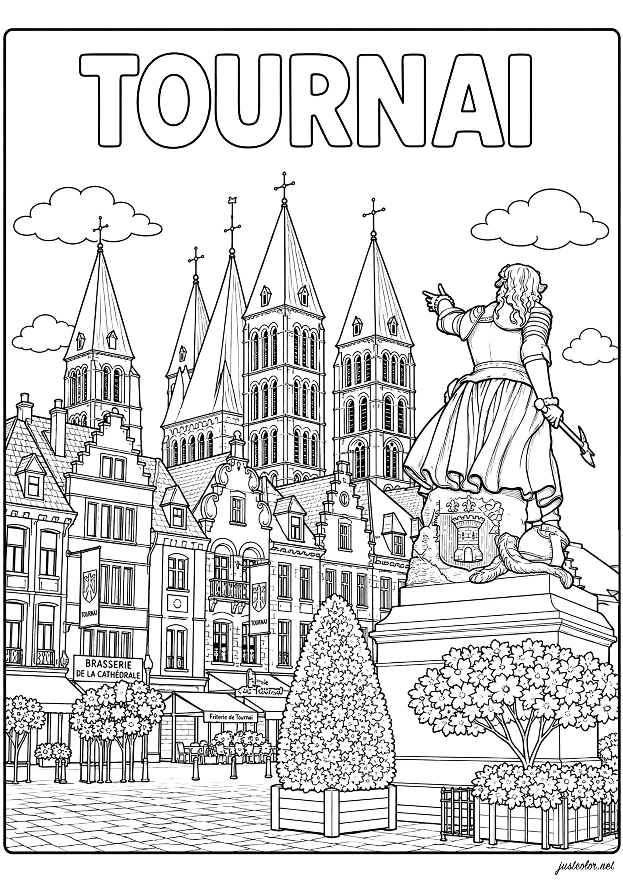 Christine de Lalaing und die Kathedrale Notre-Dame in Tournai (Belgien) (Ausmalbild von Länder, Städte und Denkmäler zum Ausdrucken und Ausmalen für Erwachsene)