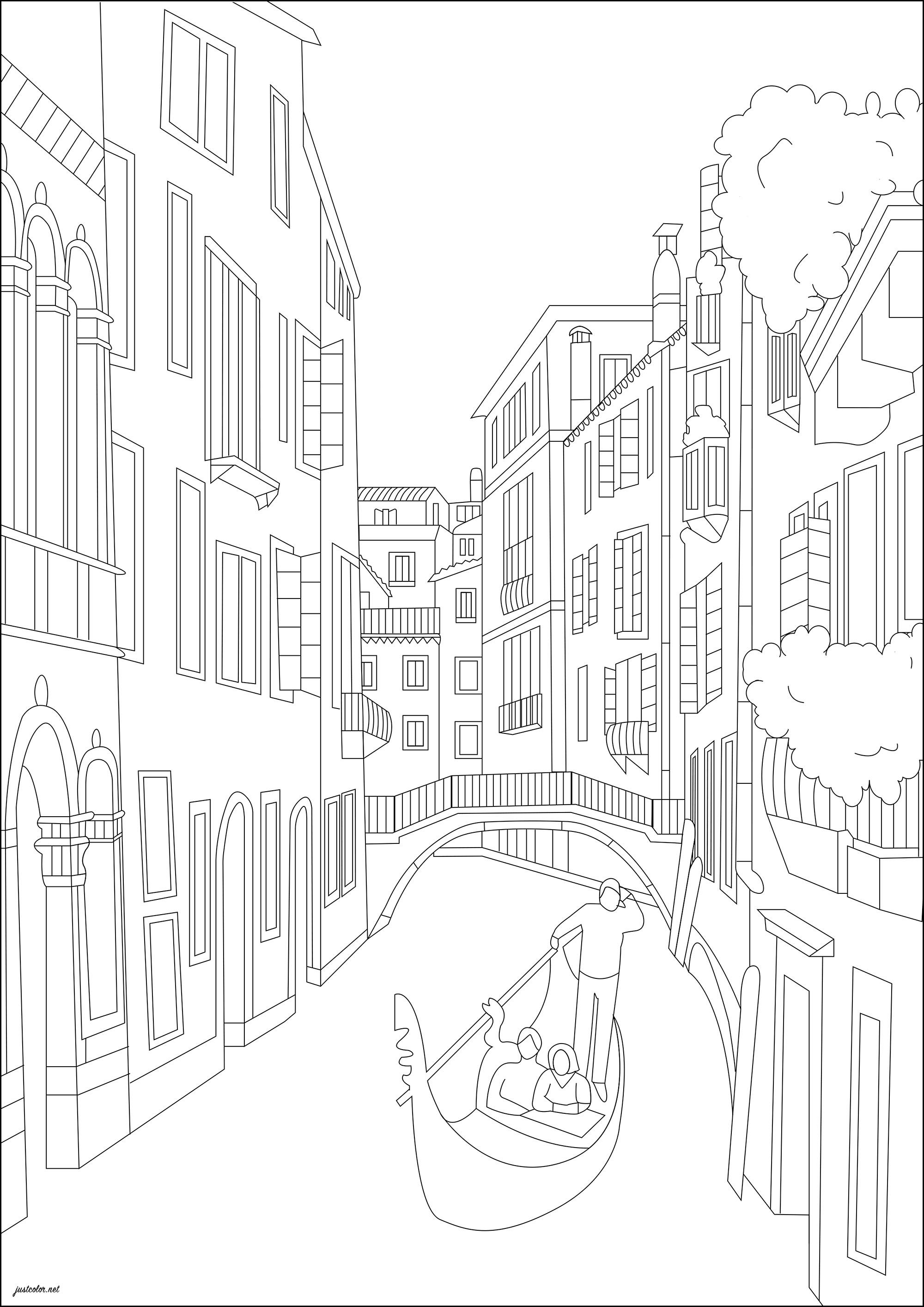 Gondel in Venedig (Ausmalbild von Länder, Städte und Denkmäler zum Ausdrucken und Ausmalen für Erwachsene)