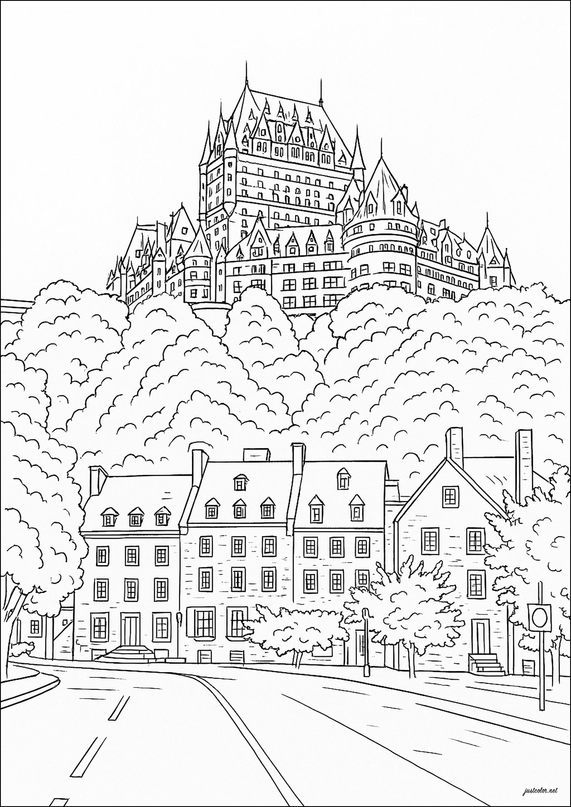 Chateau Frontenac, Quebec City (Kanada) (Ausmalbild von Länder, Städte und Denkmäler zum Ausdrucken und Ausmalen für Erwachsene)