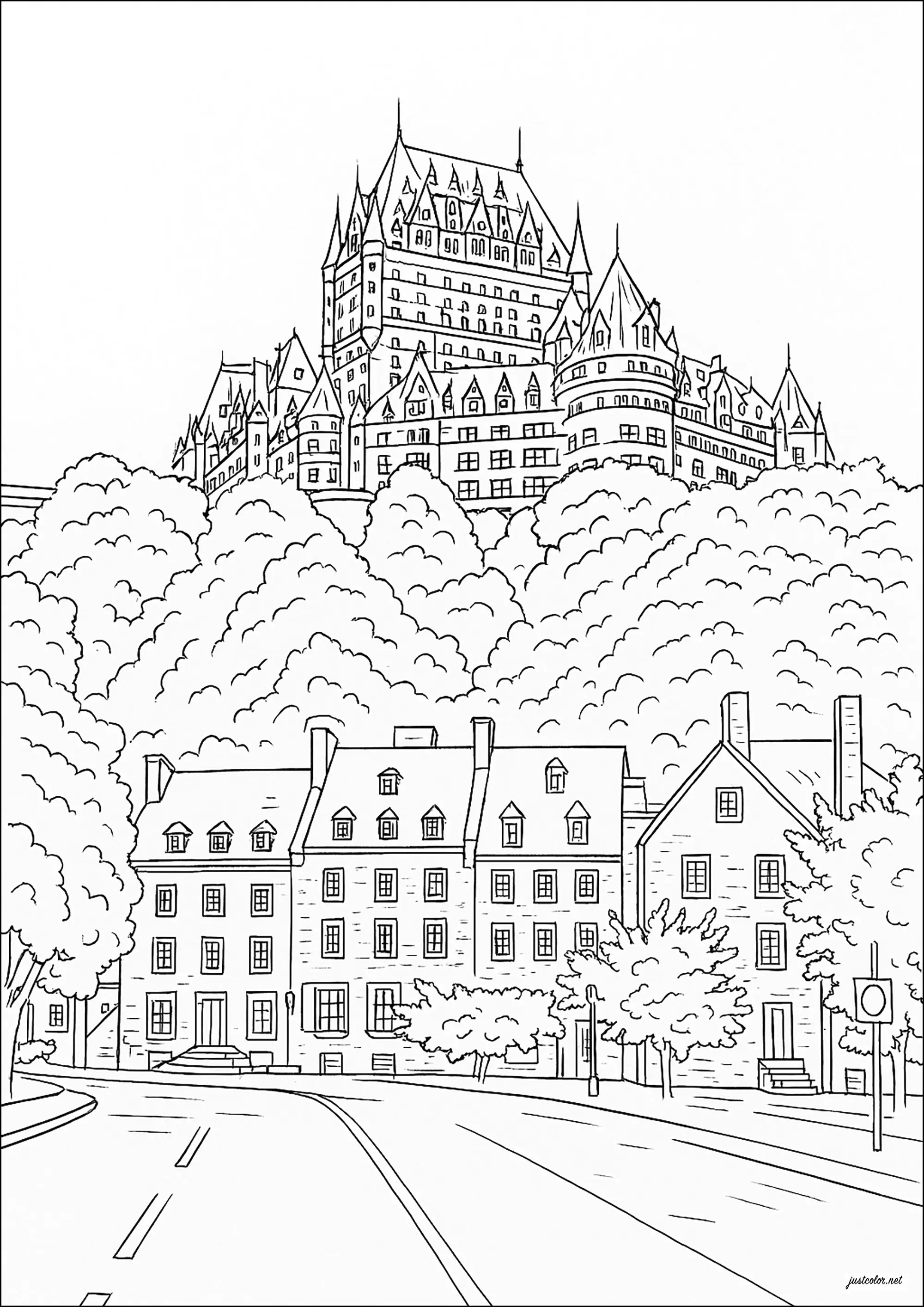 Chateau Frontenac, Quebec City (Kanada) (Ausmalbild von Architektur, Länder und Städte zum Ausdrucken und Ausmalen für Erwachsene)